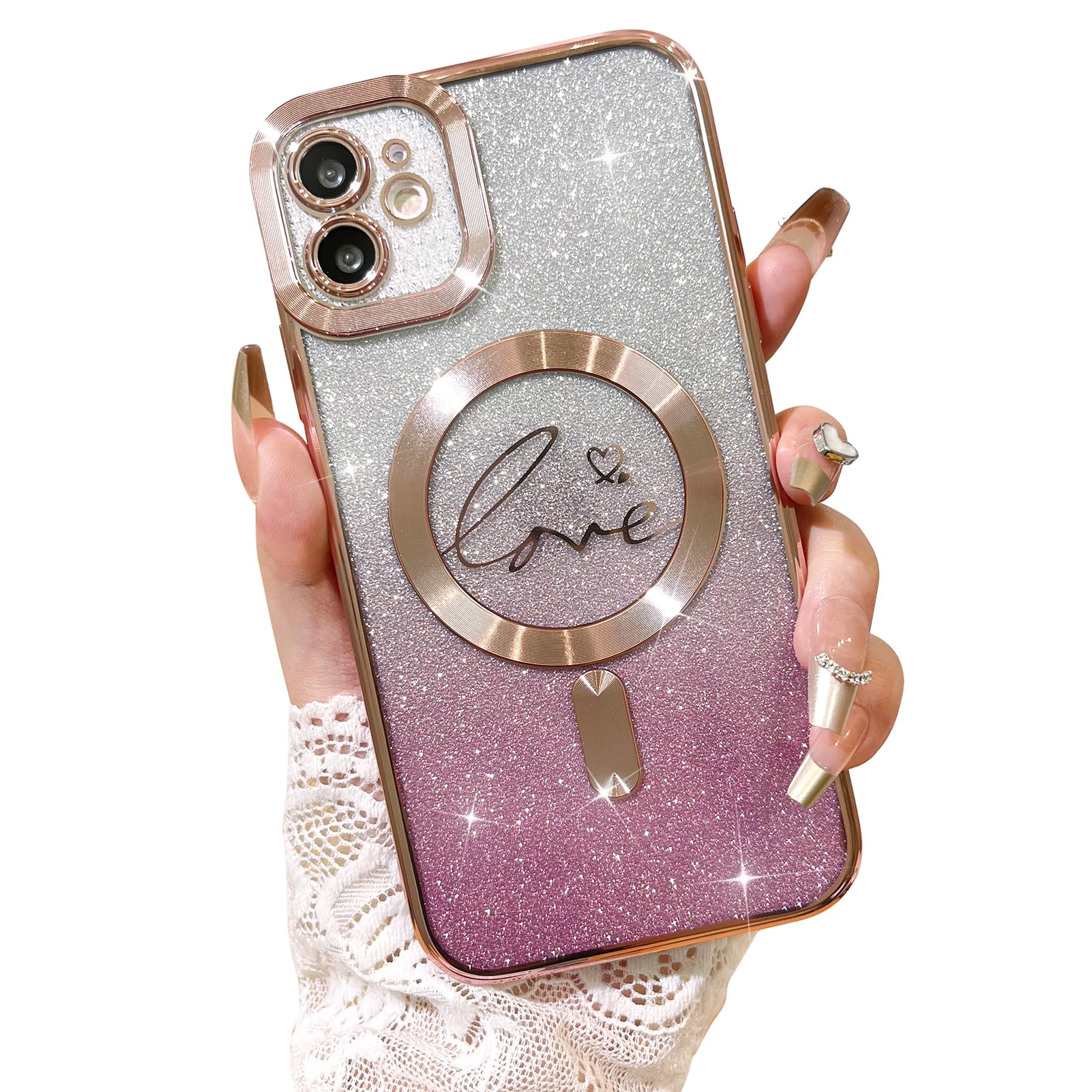 Fiyart Compatible With Iphone 12 Case,Compatible With Magsafe Love Heart Plating Camera Protection Clear Phone Case, Magnetic Gl