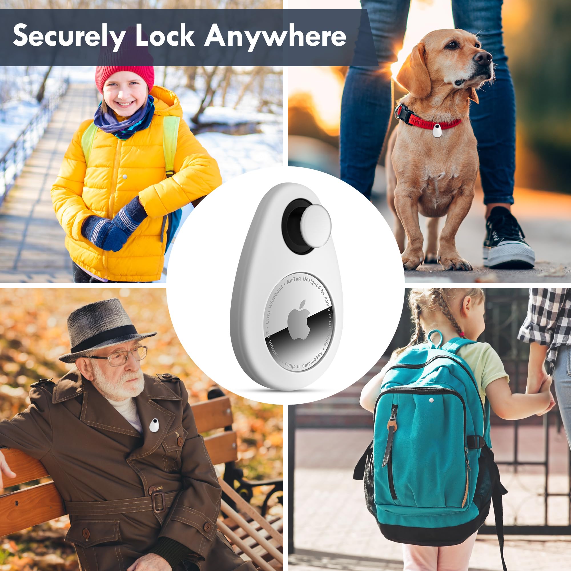 lulaven Hidden Airtag Holder Anti-Removal Silicone Case with Pins 2 Pack Black White for Kids Pets Backpack
