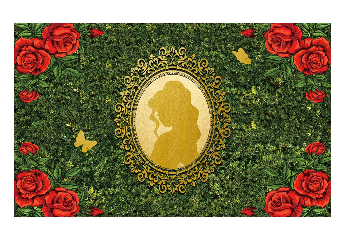 Allenjoy Beauty Flower Garden Backdrop For Girls Birthday Decorations Golden Mirror Red Rose Butterfly Wonderland Background Pri