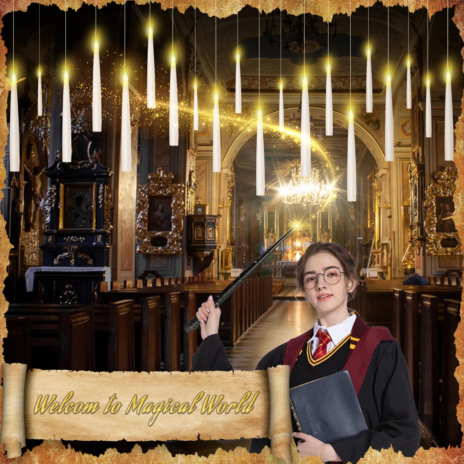 20 Pcs Floating Candles With Wand, Halloween Decoration Magic Hanging Flickering Warm Light Taper Led Candles With Wand Remote,