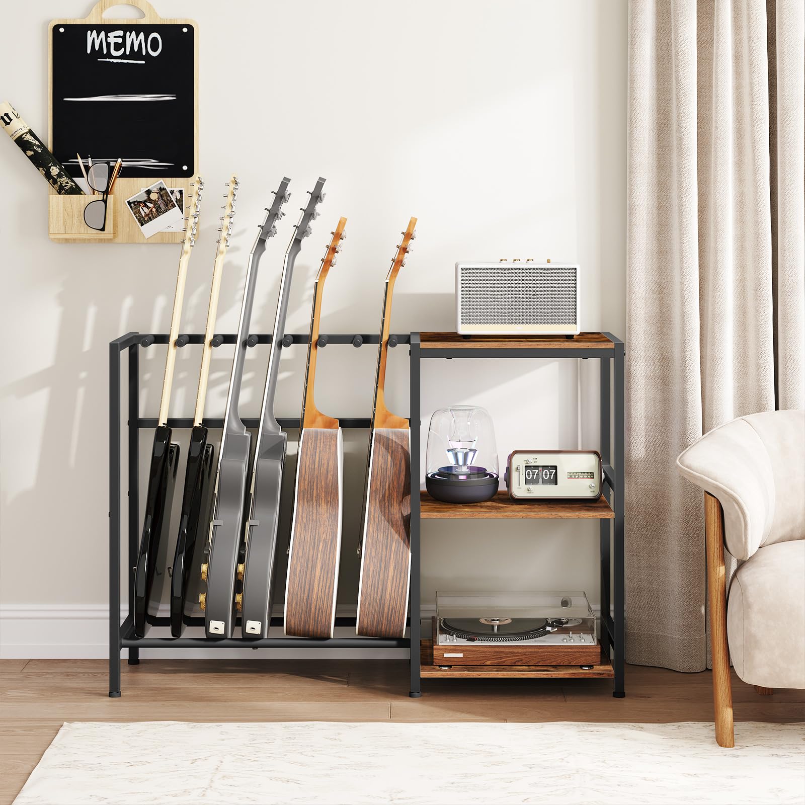 Mahancris Guitar Stand, Guitar Holder For 6 String Instruments, Suitable For Acoustic Guitar, Bass, Guitar Rack With Side Shelve