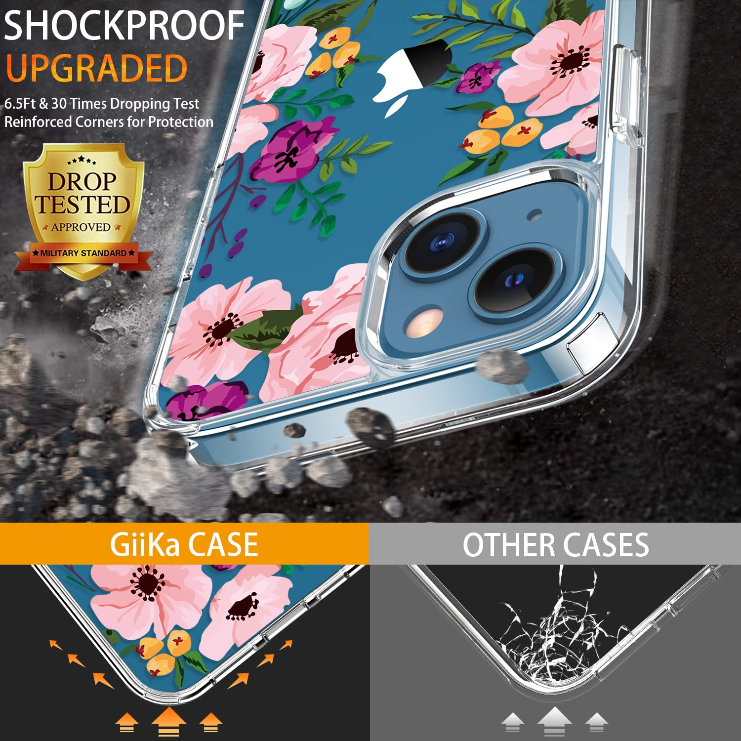 Giika For Iphone 13 Case With Screen Protector, Clear Full Body Protective Floral Girls Women Shockproof Hard Case With Tpu Bump