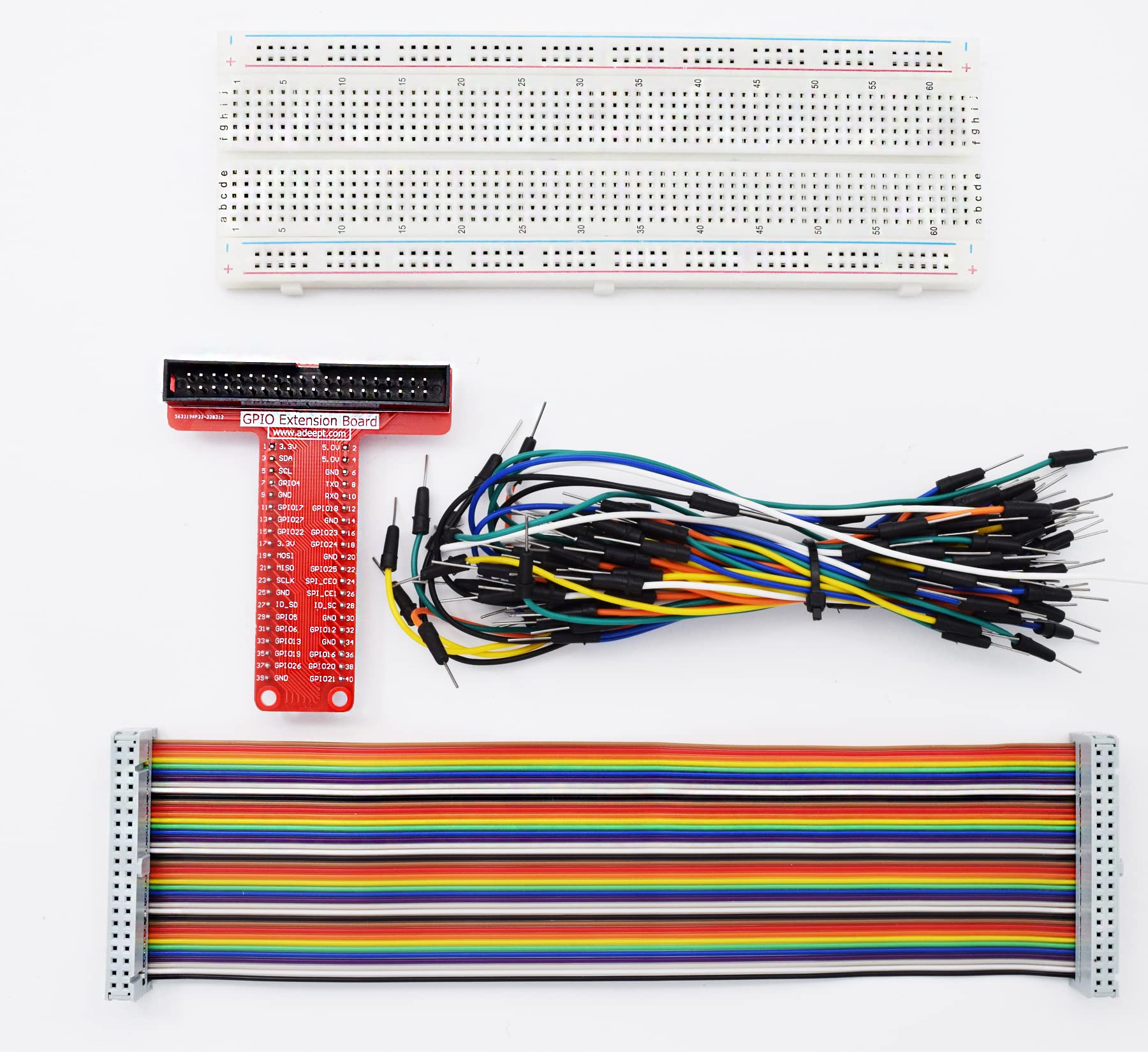 Adeept Raspberry Pi Gpio Breakout, T Type Gpio Expansion Board +830 Points Solderless Breadboard+65Pcs Jumper Cables +40Pin Rainbow Ribbon Cable, Raspberry Pi Gpio Expansion Kit