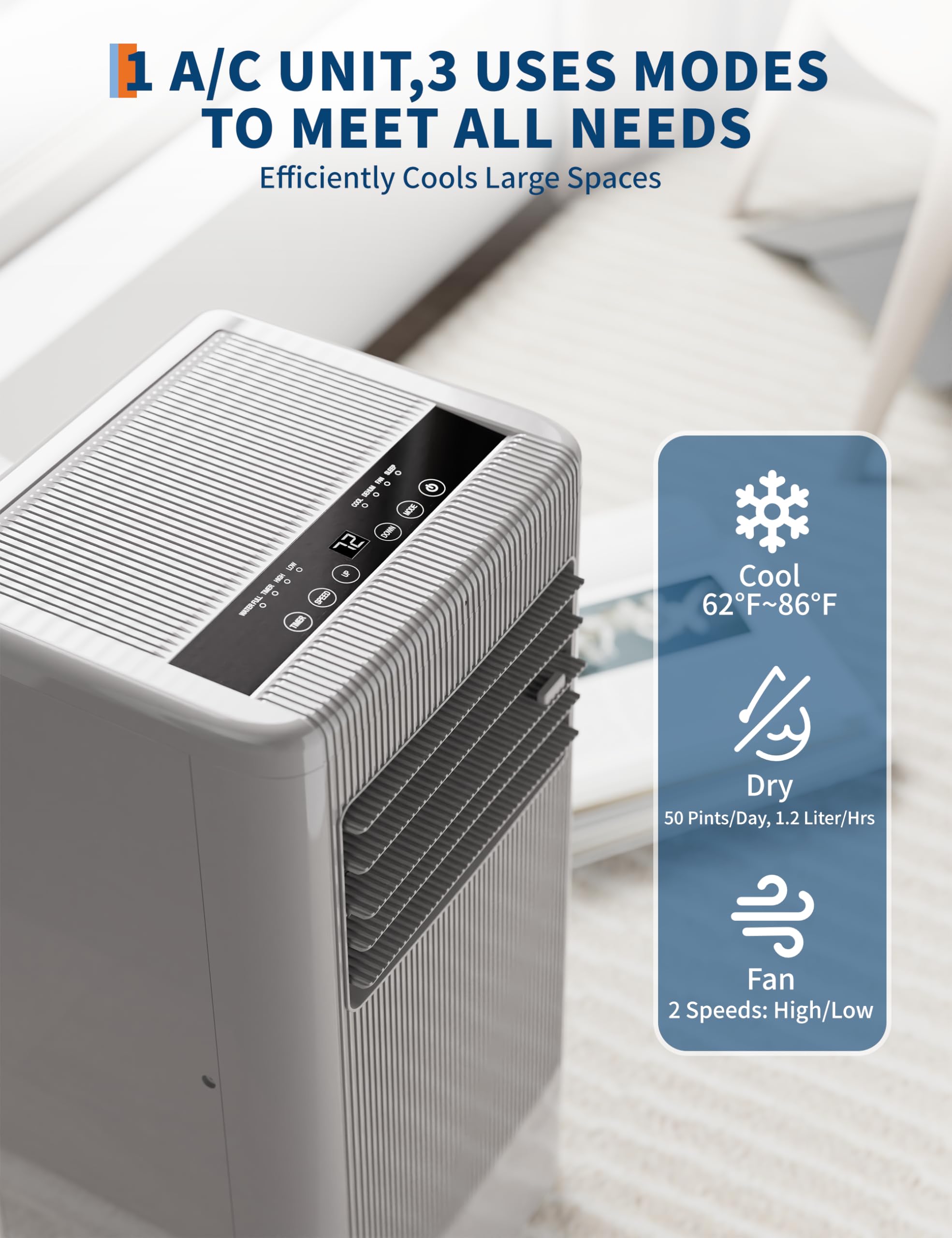 8000 Btu Portable Air Conditioner - Portable Ac Unit For Bedroom Up To 350 Sq. Ft, Cooling, Fan & Dehumidifier, Floor Standing A