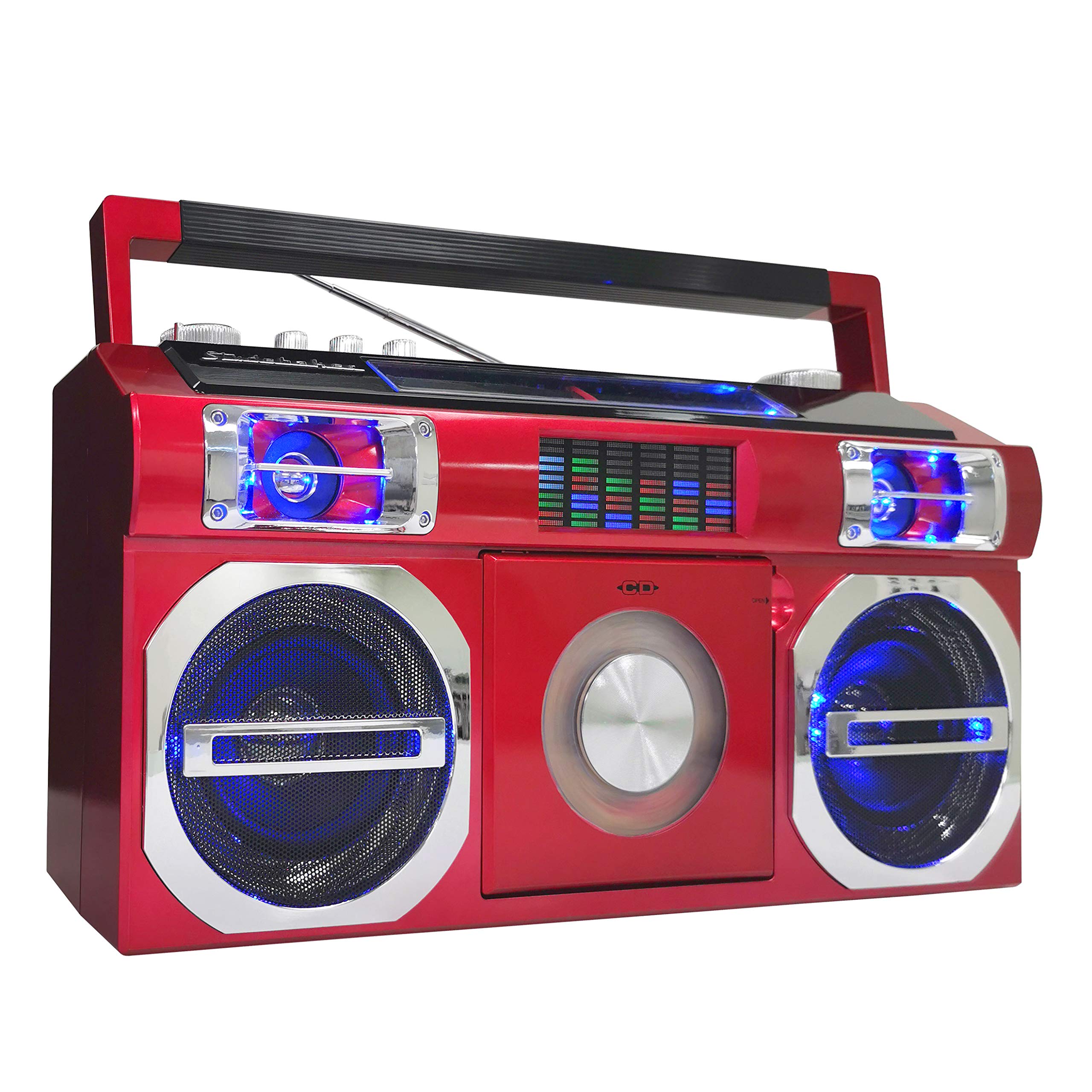 Studebaker Sb2145R 80S Retro Street Bluetooth Boombox With Fm Radio, Cd Player, Led Eq, 10 Watts Rms Power And Ac/Dc In Red