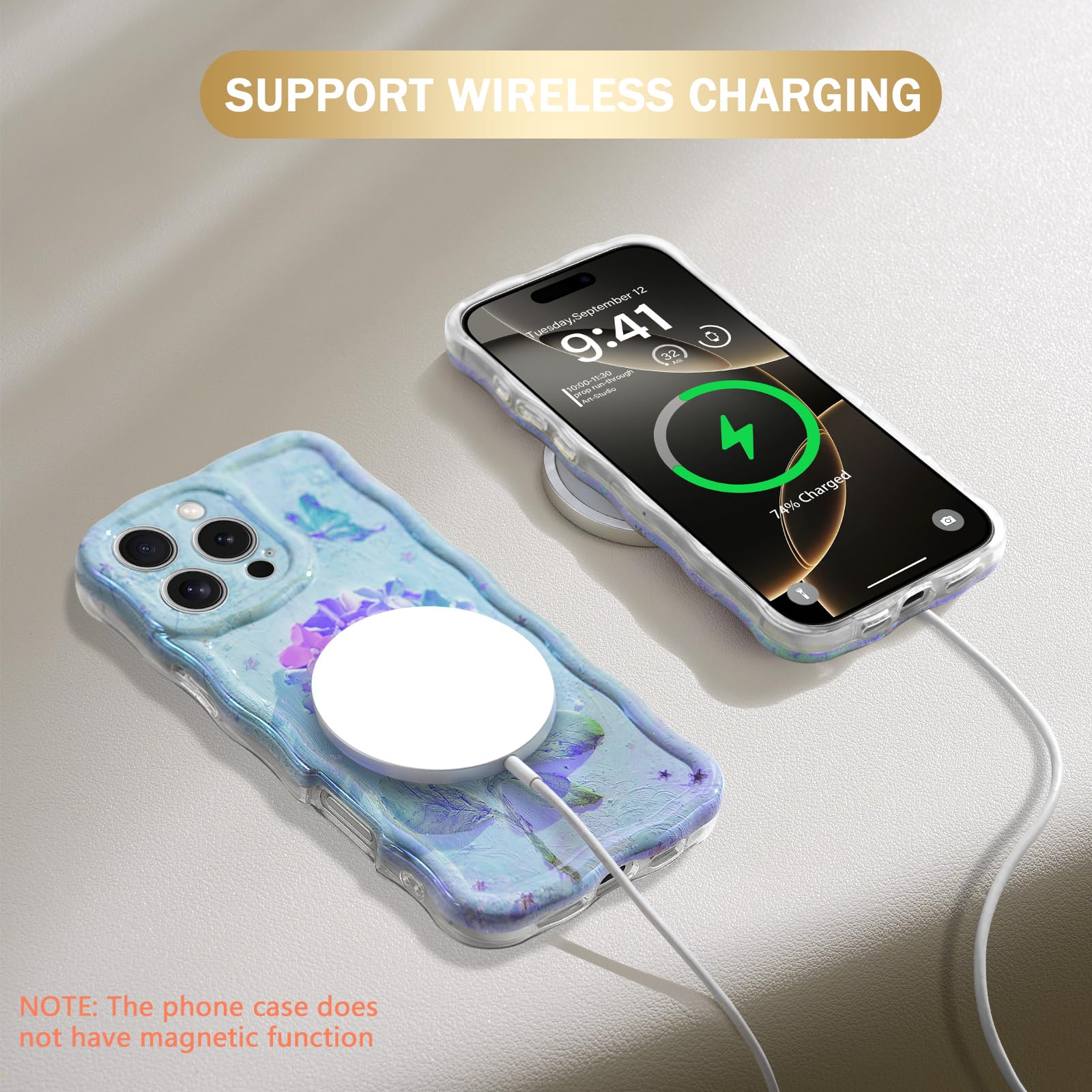 Sheheme For Iphone 16 Pro Case [With 9H Screen Protectors] Wave Bumper Colorful Oil Painting Flowers Print Blue Glossy Soft Tpu