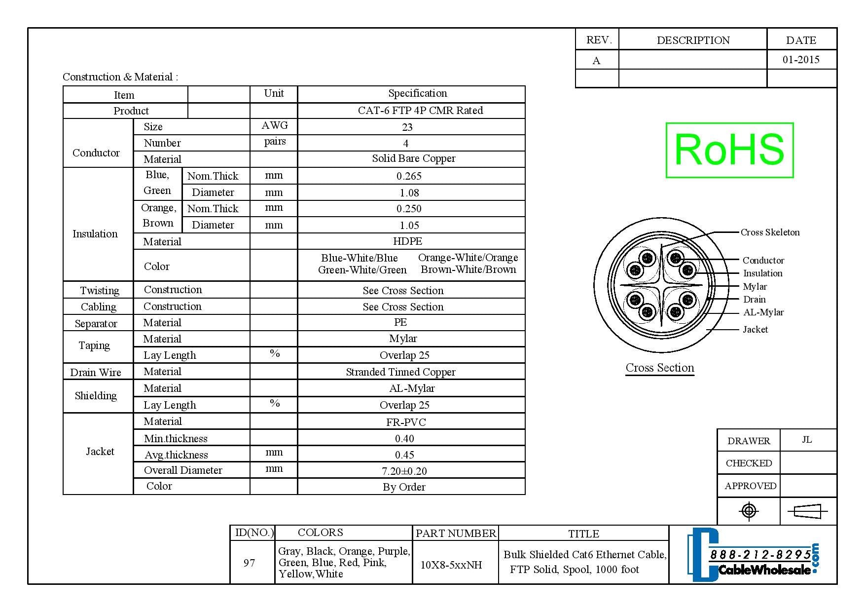 Cablewholesale 1000 Foot Bulk Shielded Cat6 Ethernet Cable, Solid, Spool, (Cmr) Riser Rated, 23Awg Network Cable, 4 Pair Solid B