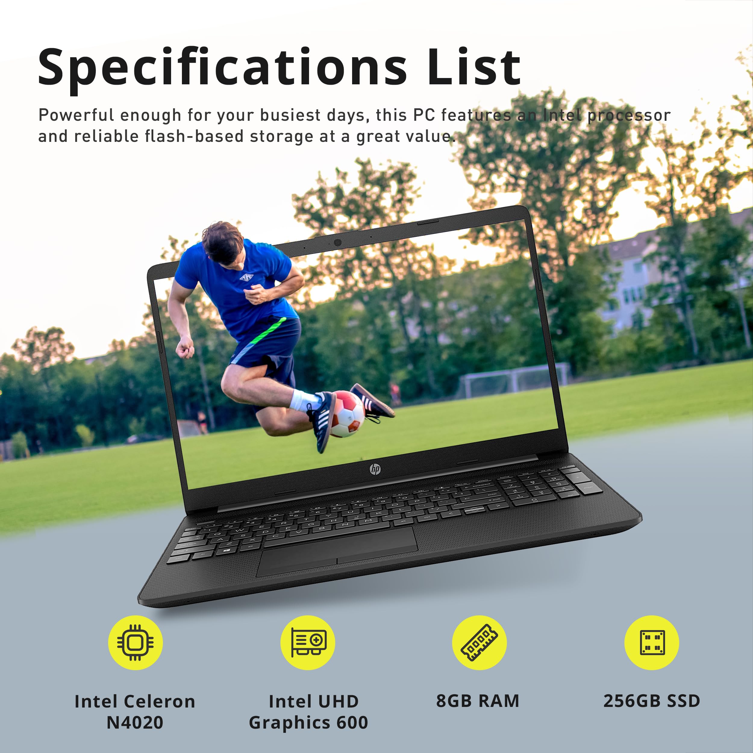Hp 15.6'' Diagonal Fhd Ips Anti Glare Laptop, Intel Celeron N4020, 8Gb Ram, 256Gb Pcie Ssd, Intel Uhd Graphics 600, 1 Year Offic