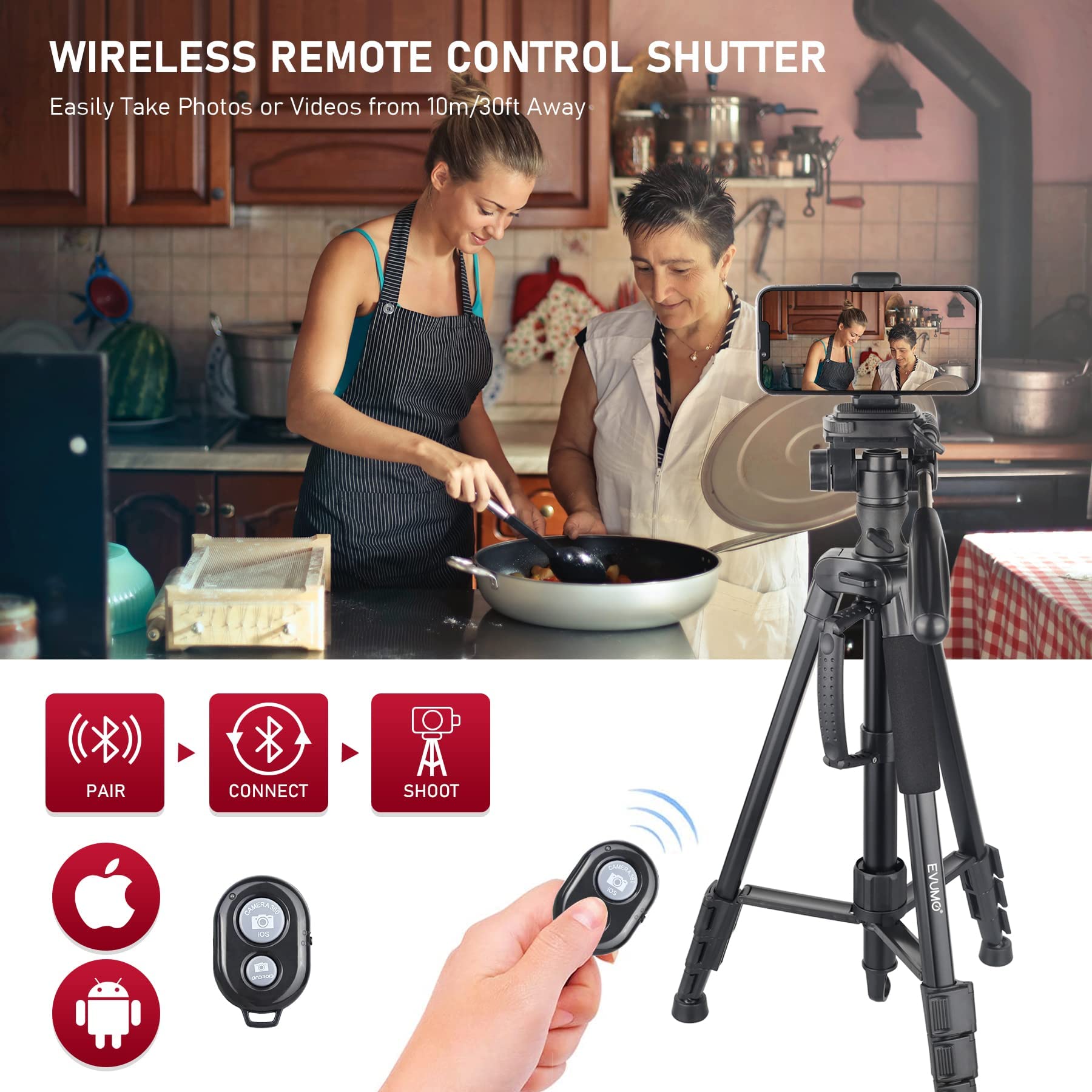 Evumo Hf3 Tripod For Camera, 65'' Horizontal Center Column Camera Tripod Monopod With Remote And Phone Mount, Horizontal Arm Cam