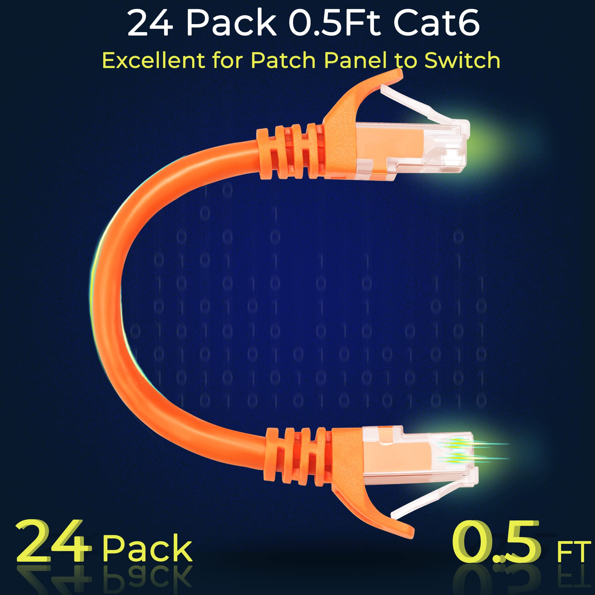 Rapink Patch Cables Cat6 0.5Ft (24 Pack), Ethernet Patch Cable 10G Support, Cat 6 Patch Cable For Patch Panel To Switch, Flexiable Cat 6 Ethernet Cable With Gold Plated Orange