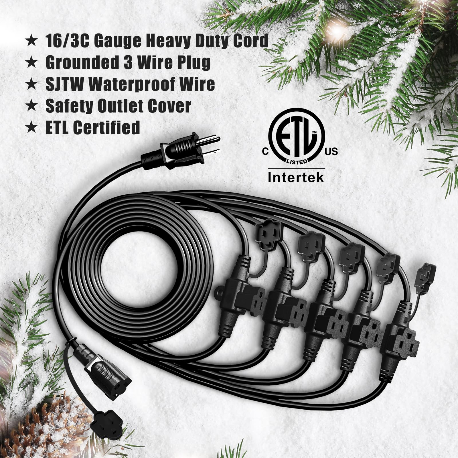 Eversimpleinc Black Outdoor Extension Cord With Multiple Outlets, (50Ft 6 Outlets) Evenly Spaced With Weatherproof Cover, Ideal