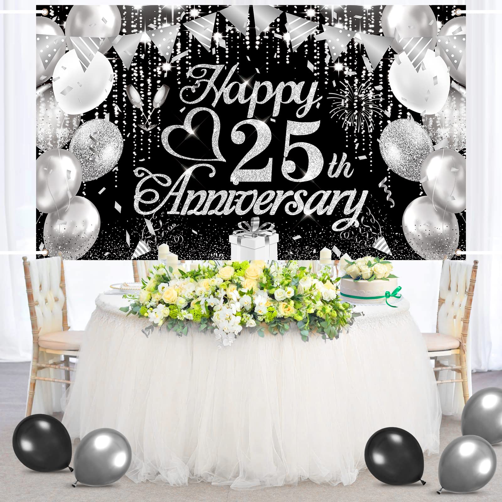 25Th Wedding Anniversary Decorations Black Silver Happy 25Th Anniversary Banner 25Th Wedding Anniversary Banner For 25Th Anniver