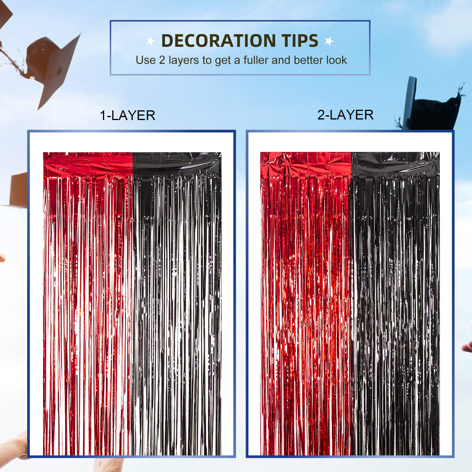 Lolstar 2Pack Red And Black 2024 Graduation Party Decorations, 3.3X6.6 Ft Foil Fringe Curtains Tinsel Metalitic Graduation Photo