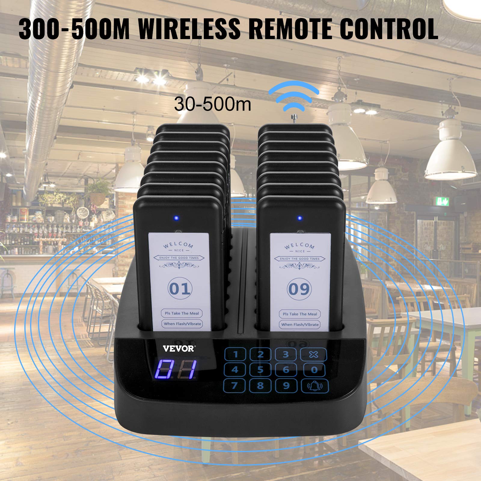 Vevor F101 Restaurant Pager System 16 Pagers, Max 98 Beepers Wireless Calling System, Touch Keyboard With Vibration, Flashing And Buzzer For Church, Nurse,Hospital & Hotel