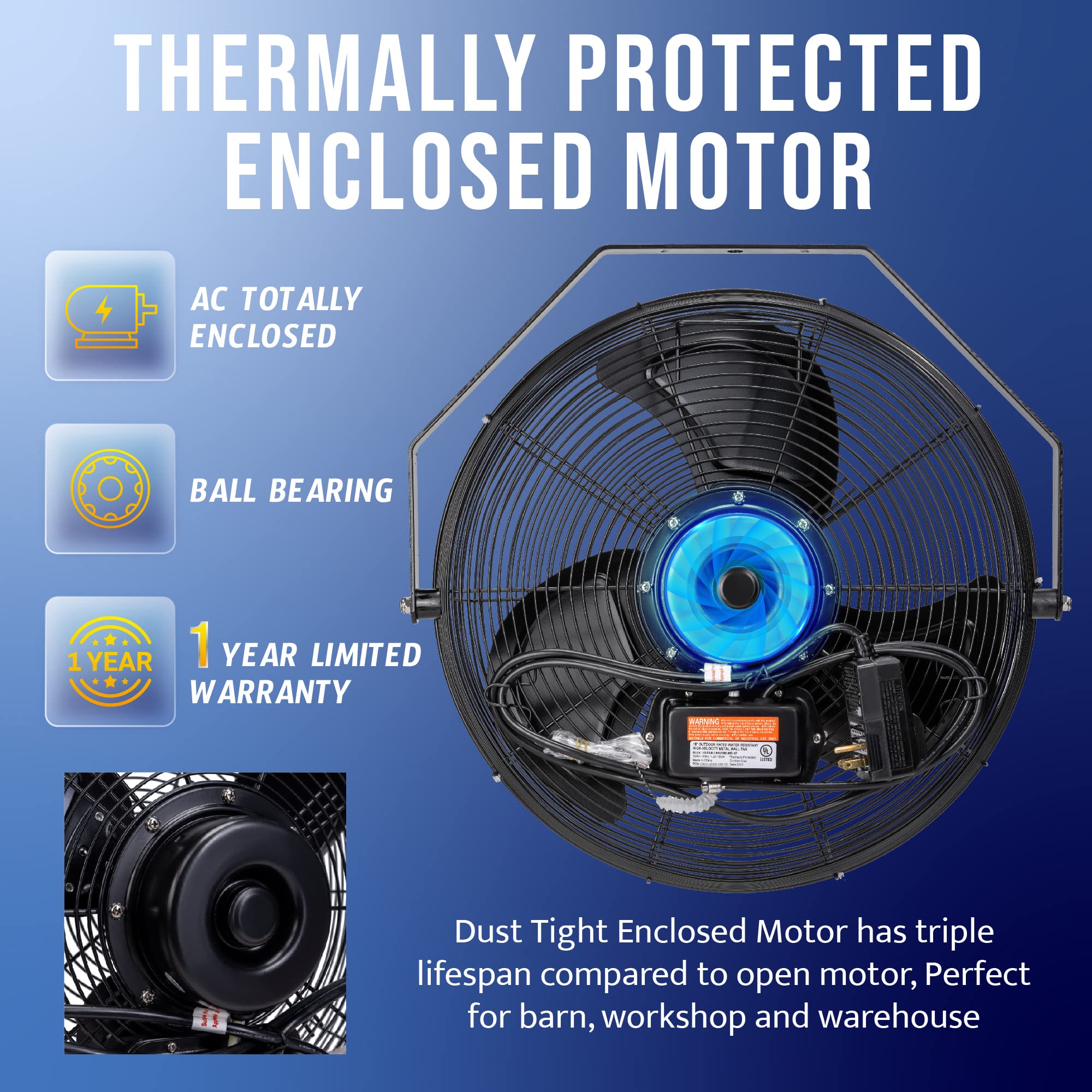 Tornado 18 Inch Outdoor Ipx4 Water-Resistant High Velocity Metal Industrial Wall Mount Fan For Commercial, Industrial, Residenti
