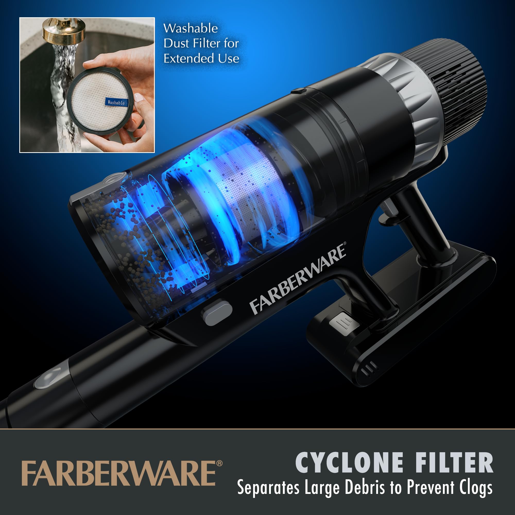 Farberware Cordless Platinum Stick Vacuum Cleaner, Smart Sensor Technology For Carpet And Hard Floors, Bendable And Handheld Vac