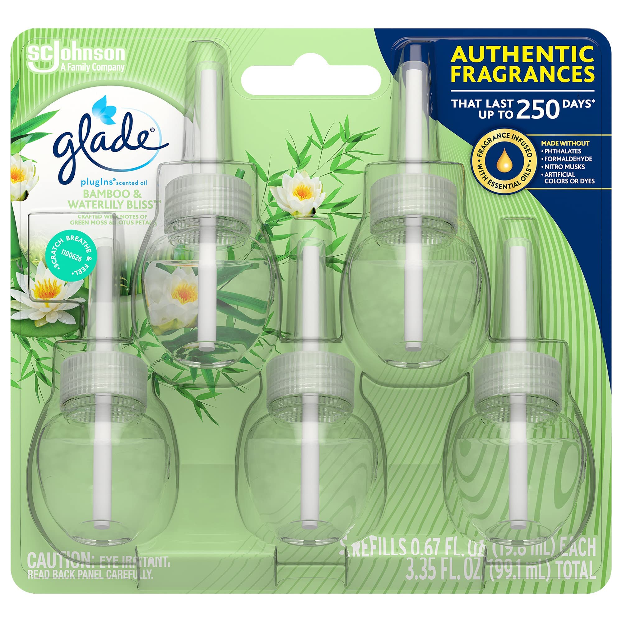 Glade Plugins Refills Air Freshener, Scented And Essential Oils For Home And Bathroom, Bamboo & Bliss, 3.35 Fl Oz, 5 Count