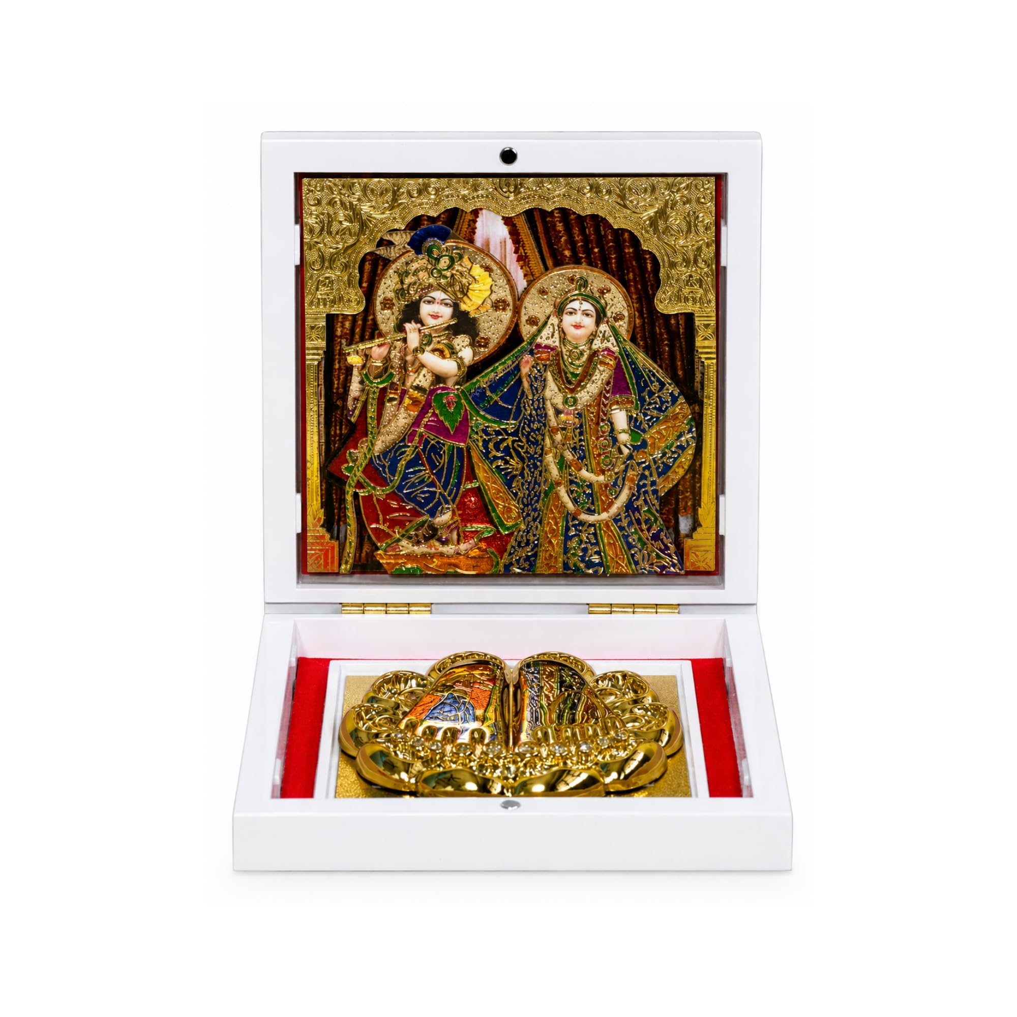 Pavitra Uphaar Radha Krishna Pooja Box For Home Temple | Gold Plated Religious Box | Premium Mandir Gift Set | Spiritual Gift Fo