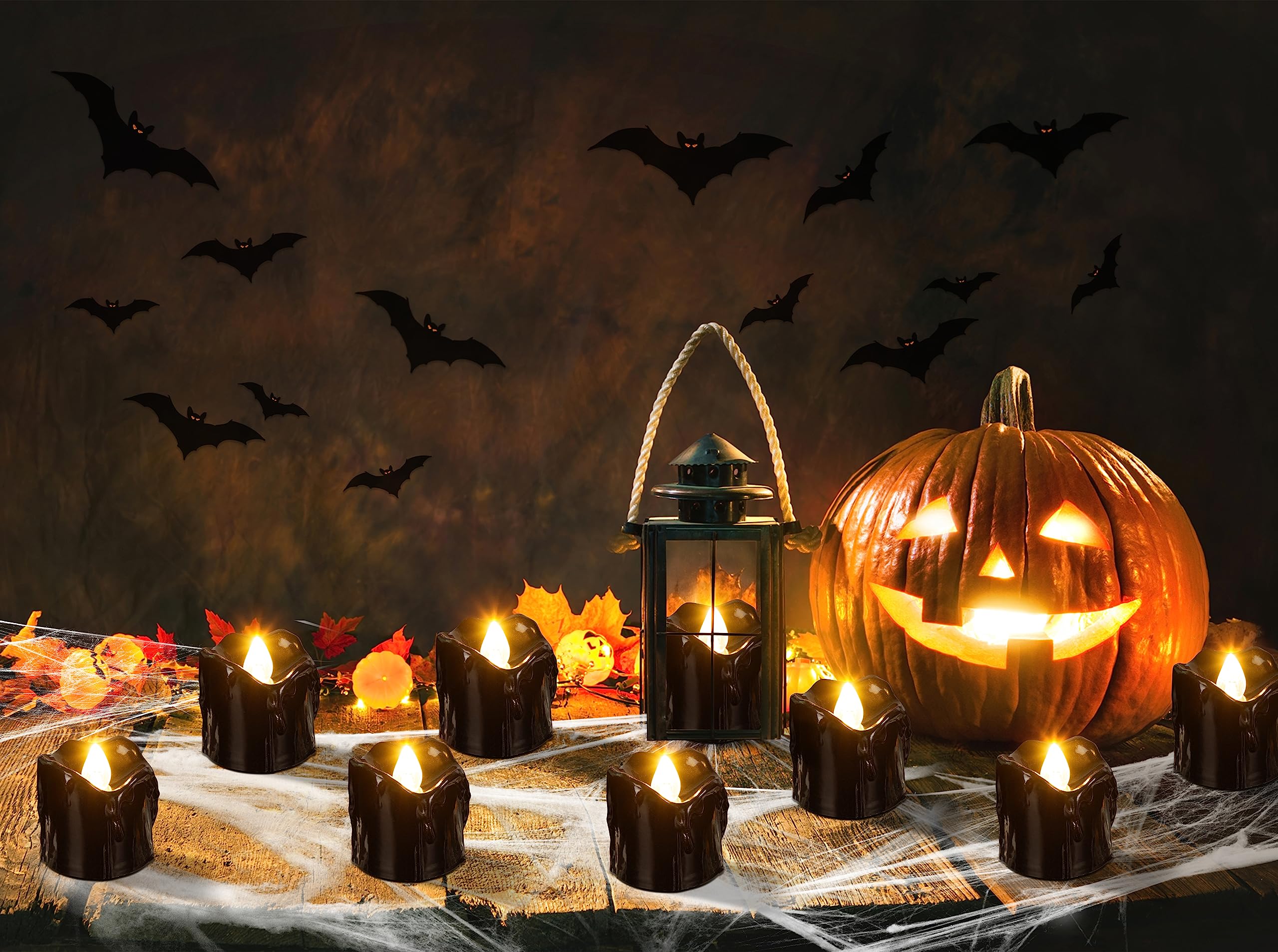 Renbuzhu 24Pcs Halloween Decorations Indoor Candles Black Tea Lights: Led Flameless Tealight Battery Operated Table Decor With S