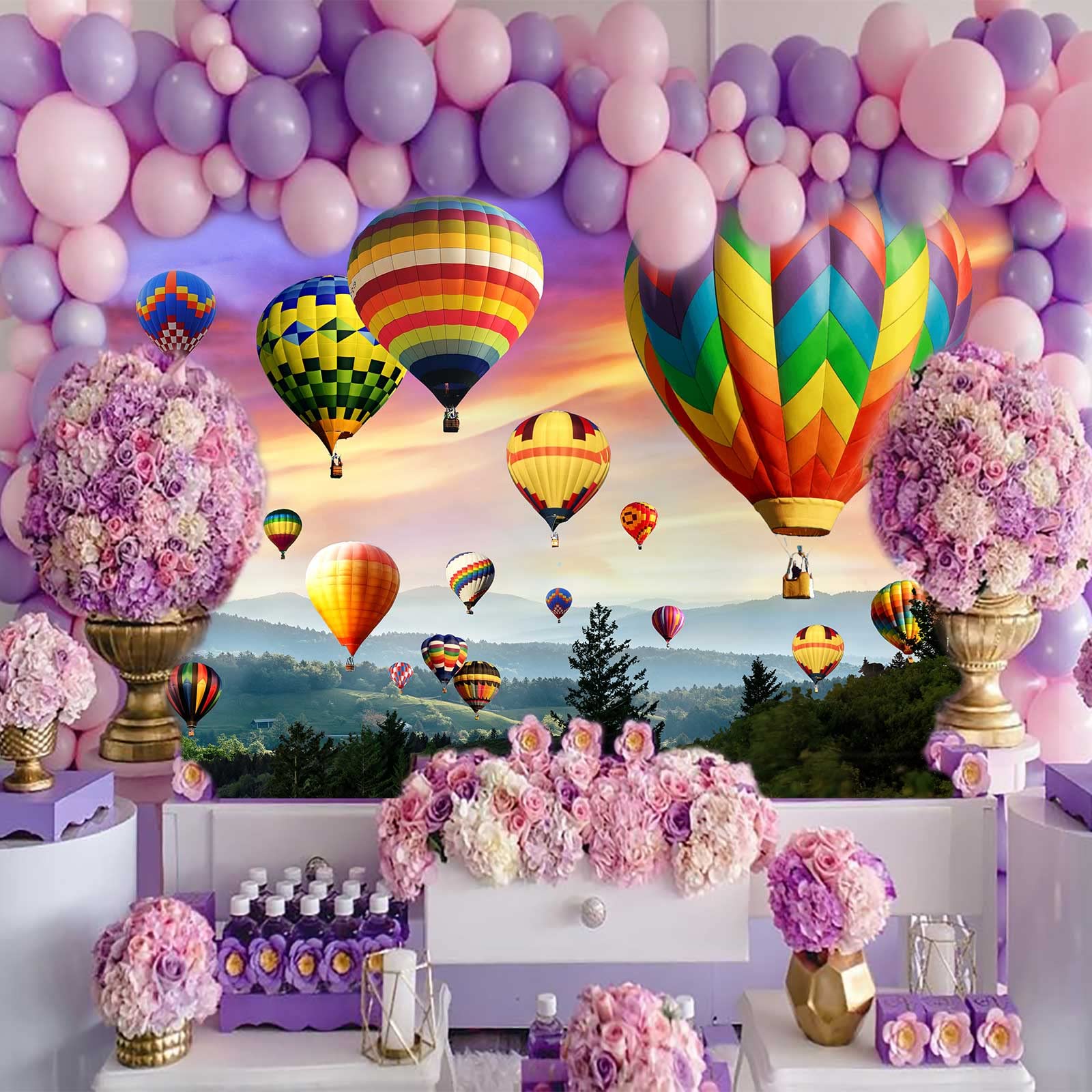 Emdspr Hot Air Balloon Backdrop, 7X5Ft Vinyl, Colorful Rainbow Sky Romantic Mountains Photography Background Travel Party Decor
