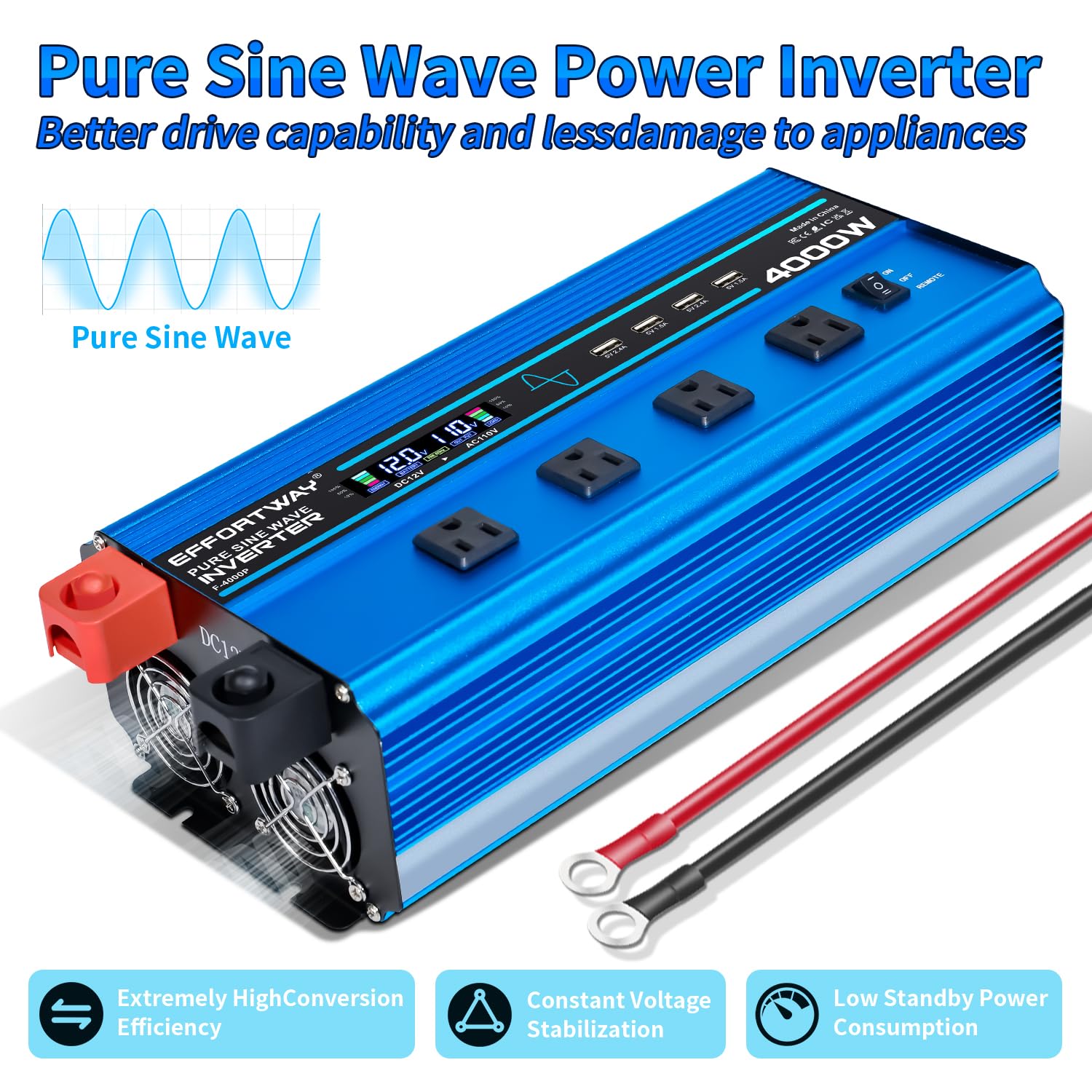4000W Pure Sine Wave Inverter Dc 12V To Ac 110V/120V Converter, 8000W (Peak) With Lcd Display, Wireless/Wired Remote Control, 4A