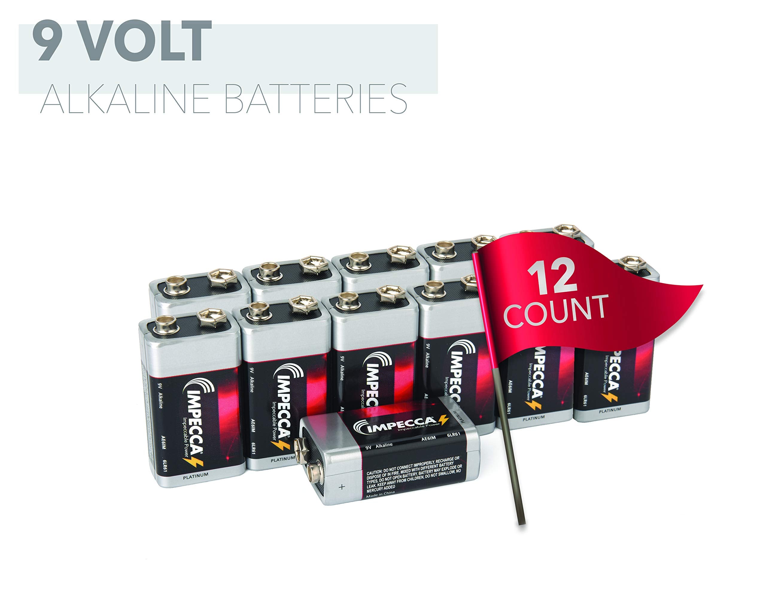 Impecca All Purpose Alkaline 9 Volt Batteries  Platinum Series |High Performance| Long Lasting Shelf Life| Leak Resistant| (12 P