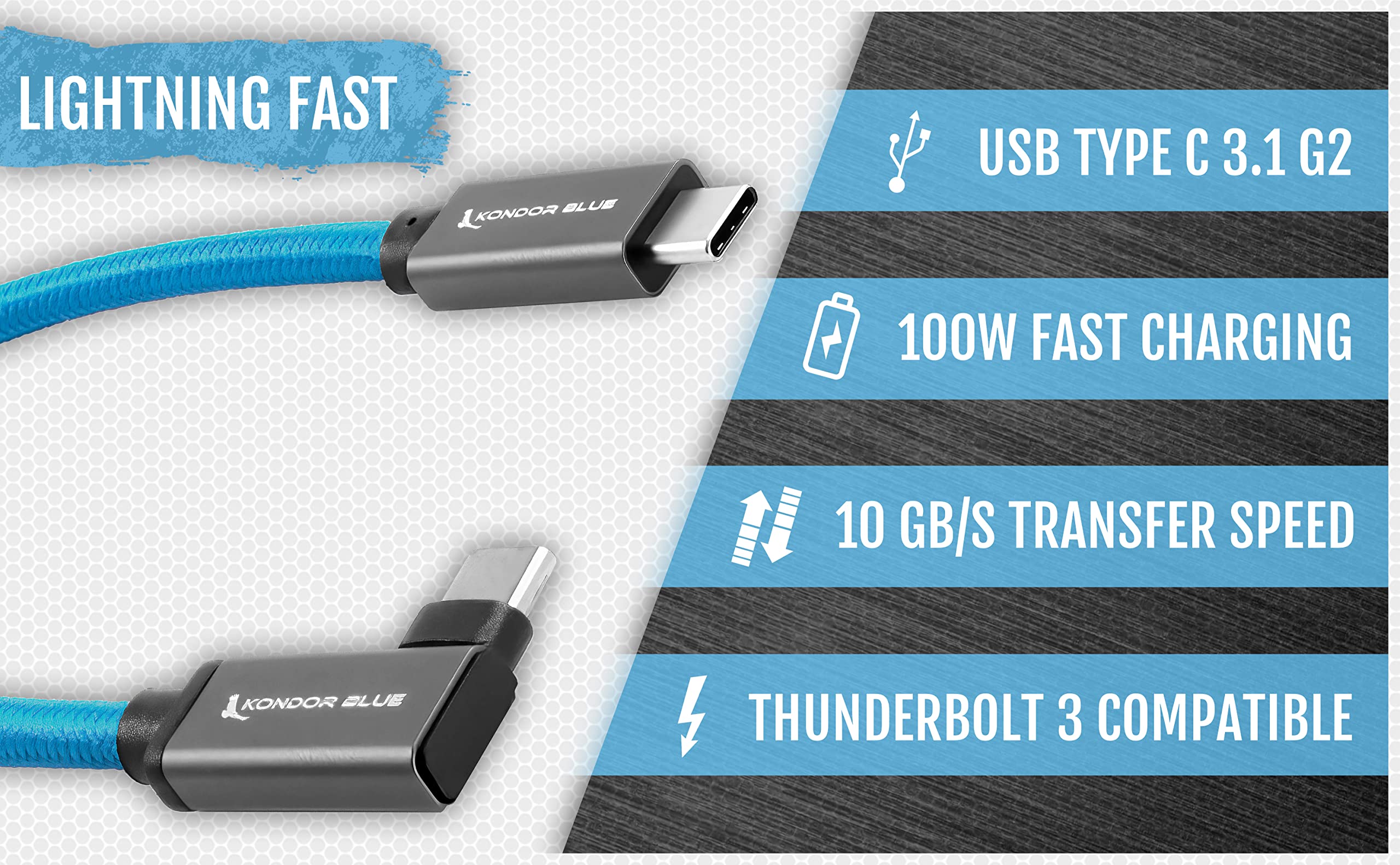 Kondor Blue 12'' Straight Usb C 3.1 Gen 2 10 Gb/S 100W | Right Angle Braided Cable For 8K Data And Power Delivery