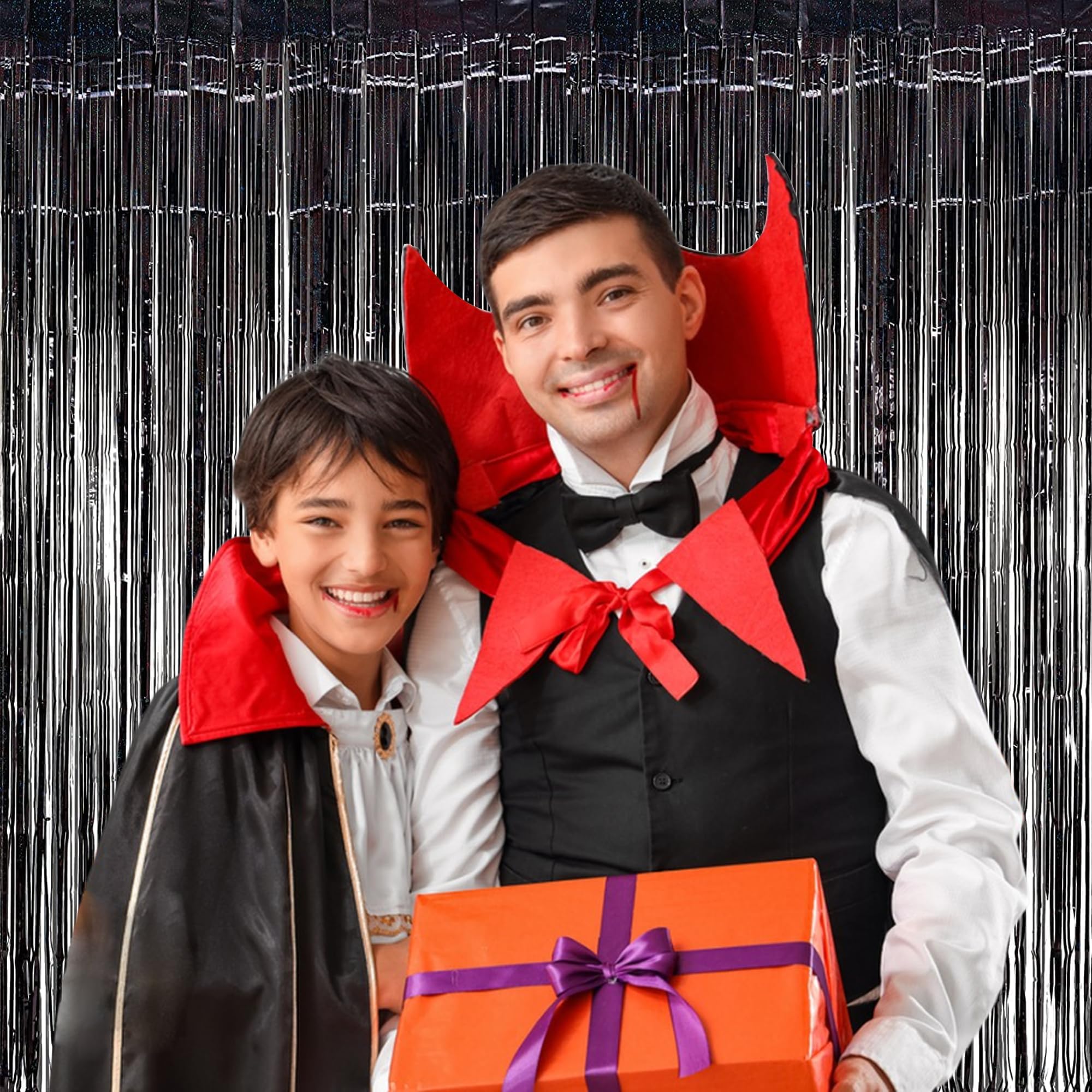 Braveshine Black Halloweens Party Foil Fringe Curtains   2 Pack Metallic Tinsel Photo Booth Streamers Backdrop For Birthdays, St