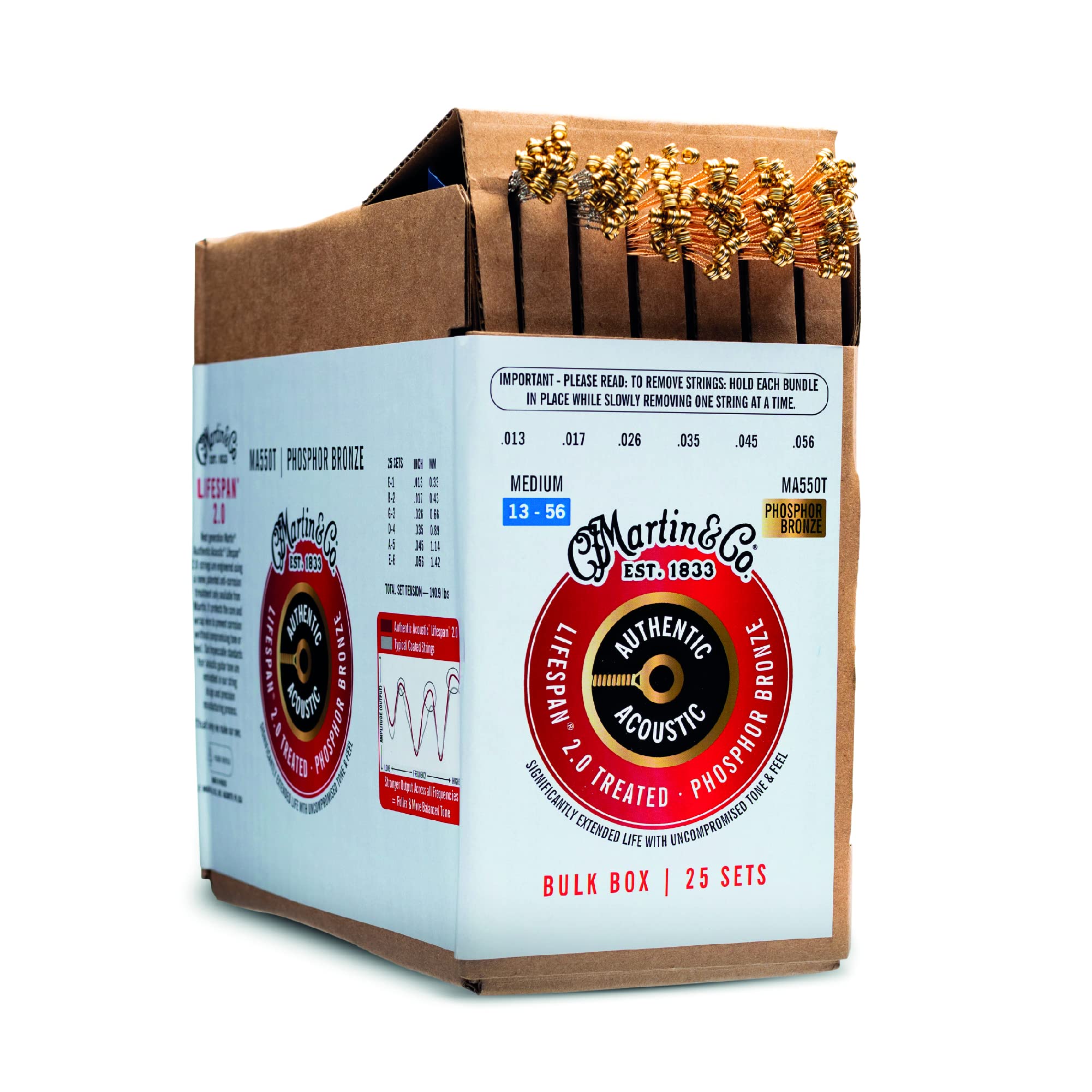 Martin Authentic Acoustic Lifespan 2.0 Guitar Strings - Phosphor Bronze, Medium Gauge, Bulk Box (25 Sets) | Bulk Box For Acousti