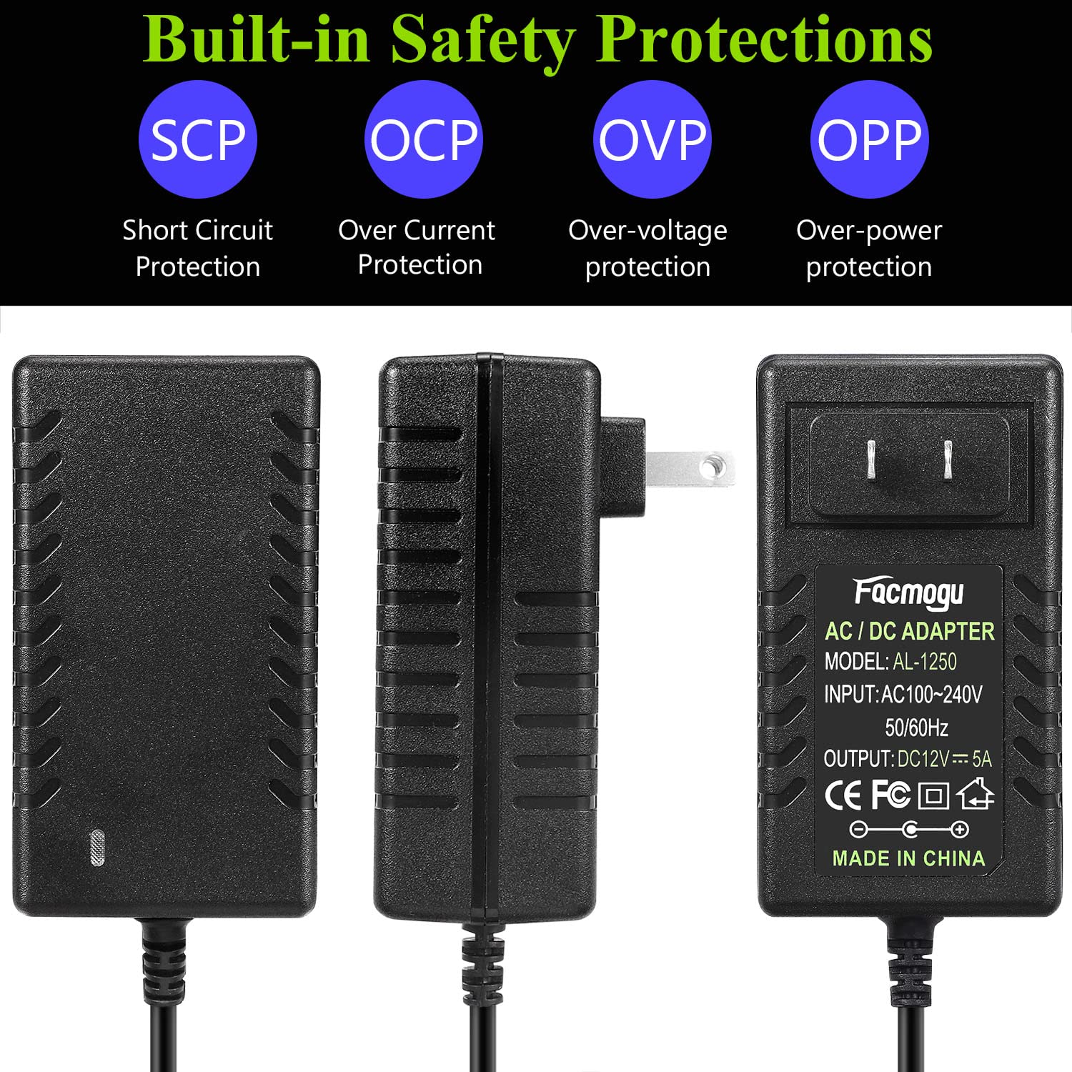 Facmogu 12V 5A Power Supply Adapter, Wall Adapter With 150Cm/ 4.92 Feet Long Cable, Wall Plug Transformers Ac 100 240V To Dc 12V Converter Available 5.5Mm X 2.5Mm & 2.1Mm Output Jack For Cctv