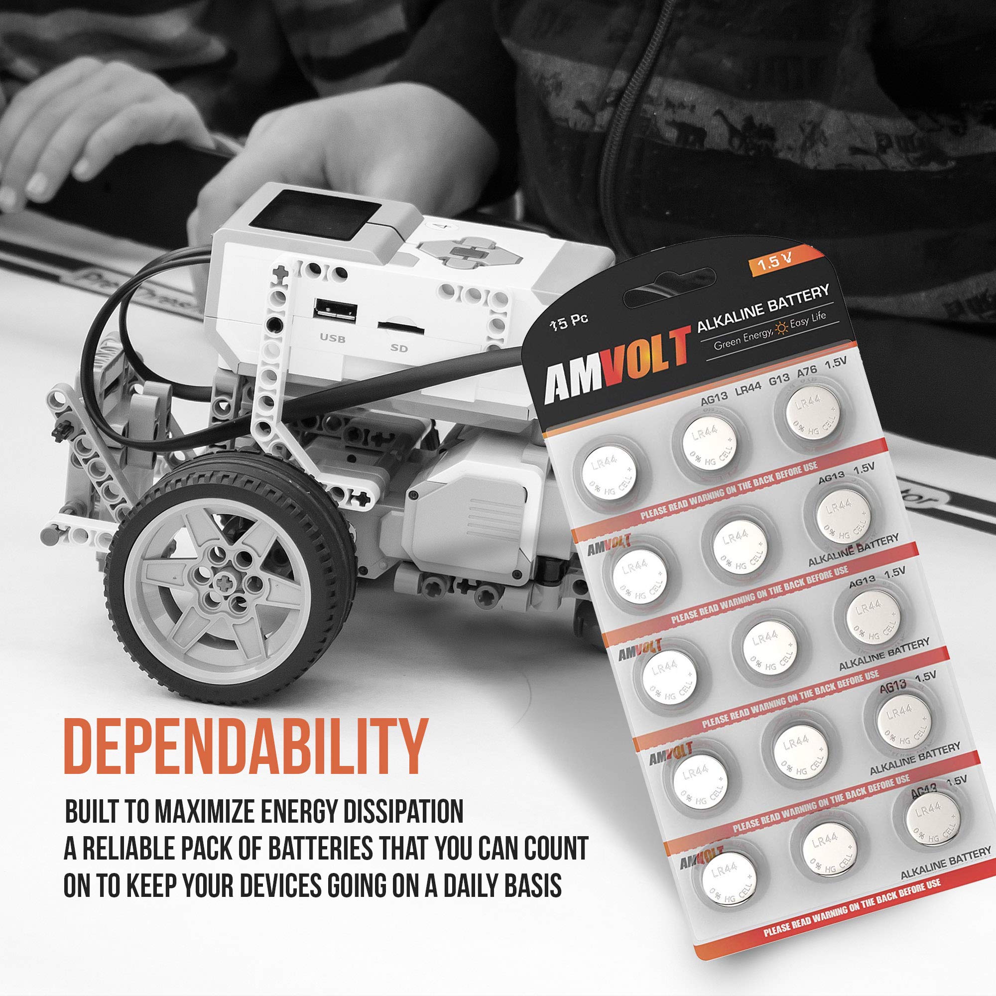 Amvolt  Pack Of 15 Lr44 Batteries Ag13 Sr44 357 303 Premium Alkaline Non Rechargeable Button Battery, 1.5 Volt Small Batteries F