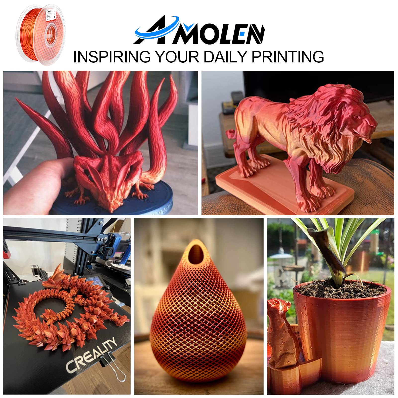 Amolen Pla 3D Printing Filament, Pla Filament 1.75Mm Silk Shiny Filament Red Gold Filament, 3D Printer Gradient Pla Filament 1Kg