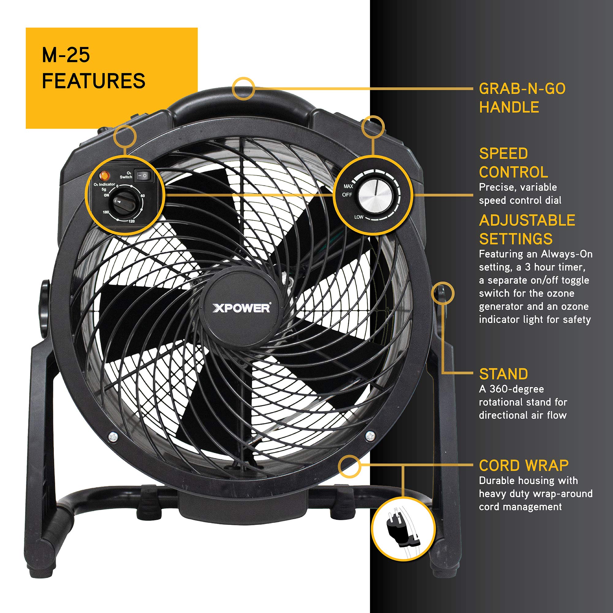 Xpower M 25 Air Neutralizing Fan, Axial Air Mover W/Ozone Generator, O3 Machine, Commercial, High Capacity, Large Areas, Sanitiz