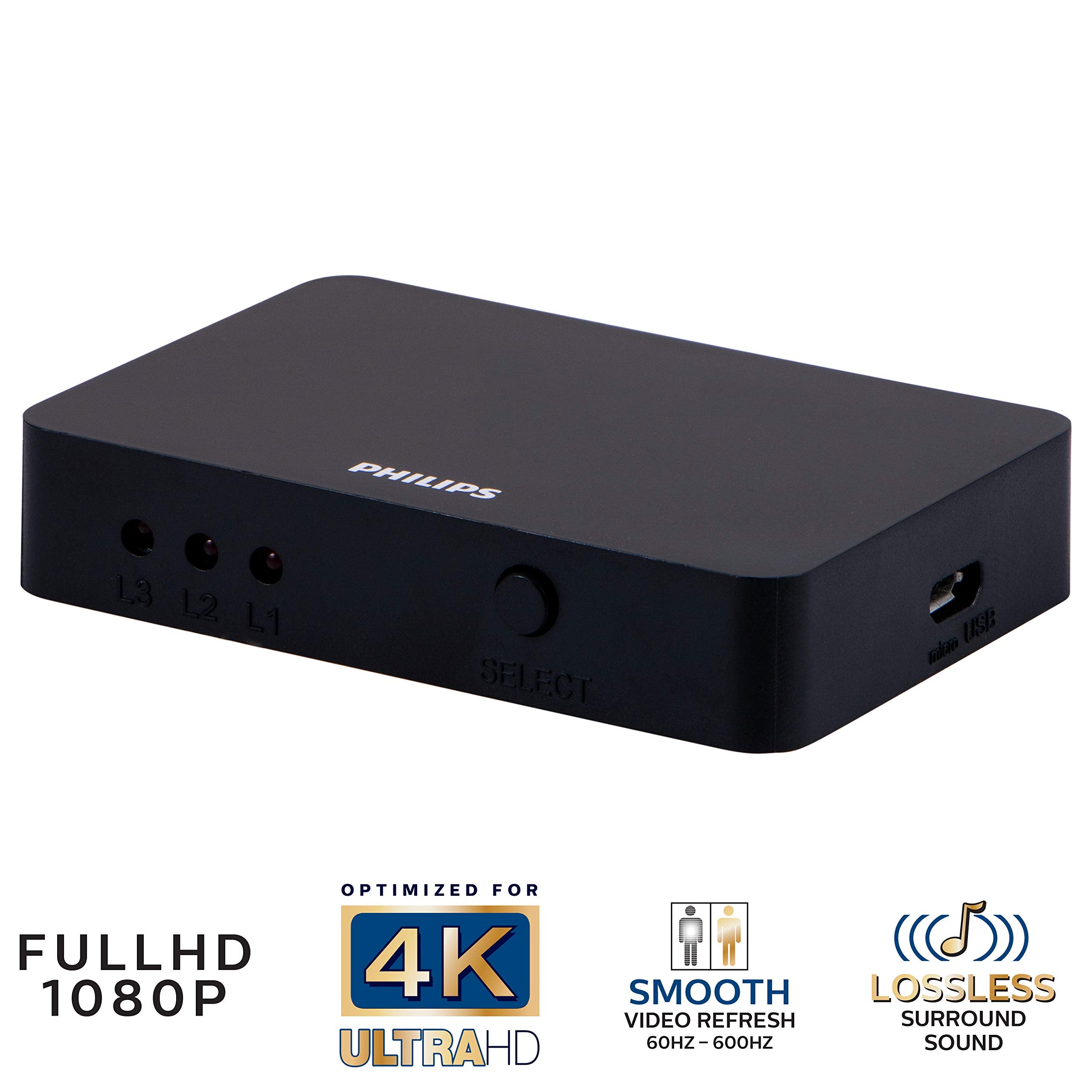 Philips 3 Device Hdmi Switch, Use With 4K Tv Smart Tv Roku Xbox Ps3 Ps4 Fire Stick Dvd Blu Ray Fire Tv Hdtv Cable Box Pc, 4K 108