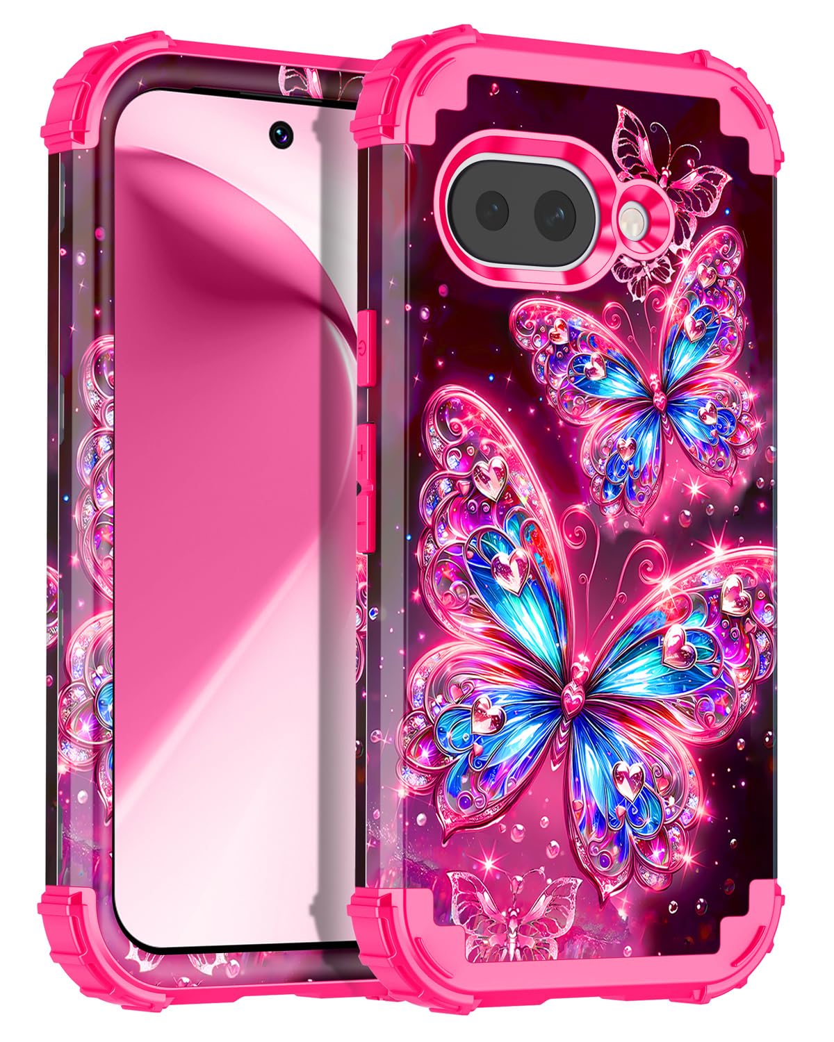 Miqala for Google Pixel 9a Case,Glow in The Dark Three Layer Heavy Duty Shockproof Full Body Protection Hard Plastic Bumper+Soft