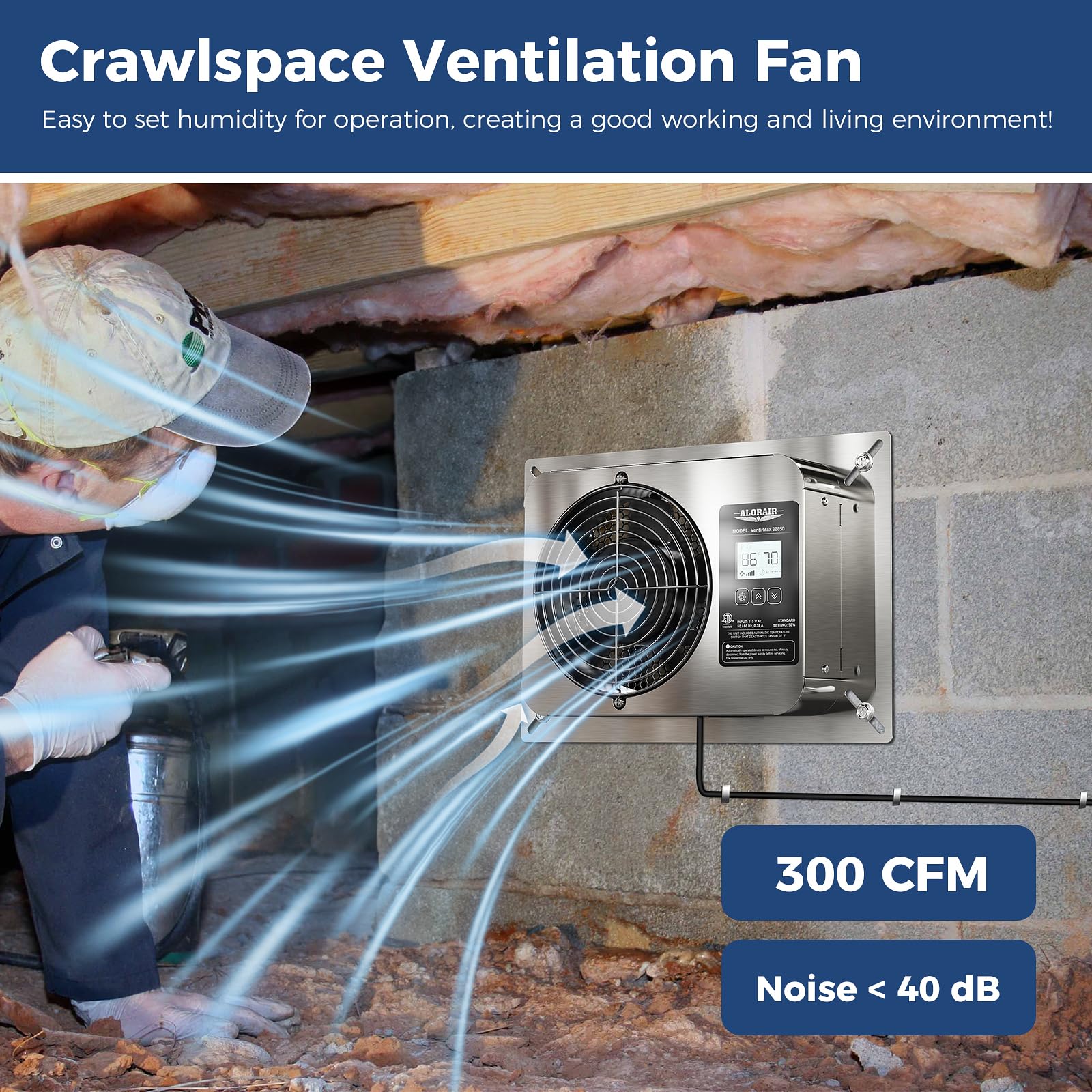 Alorair 300 Cfm Crawlspace Ventilator Fan With Humidistat, Stainless Steel Exhaust Vent Fans With Digital Display, Timing Cycle,