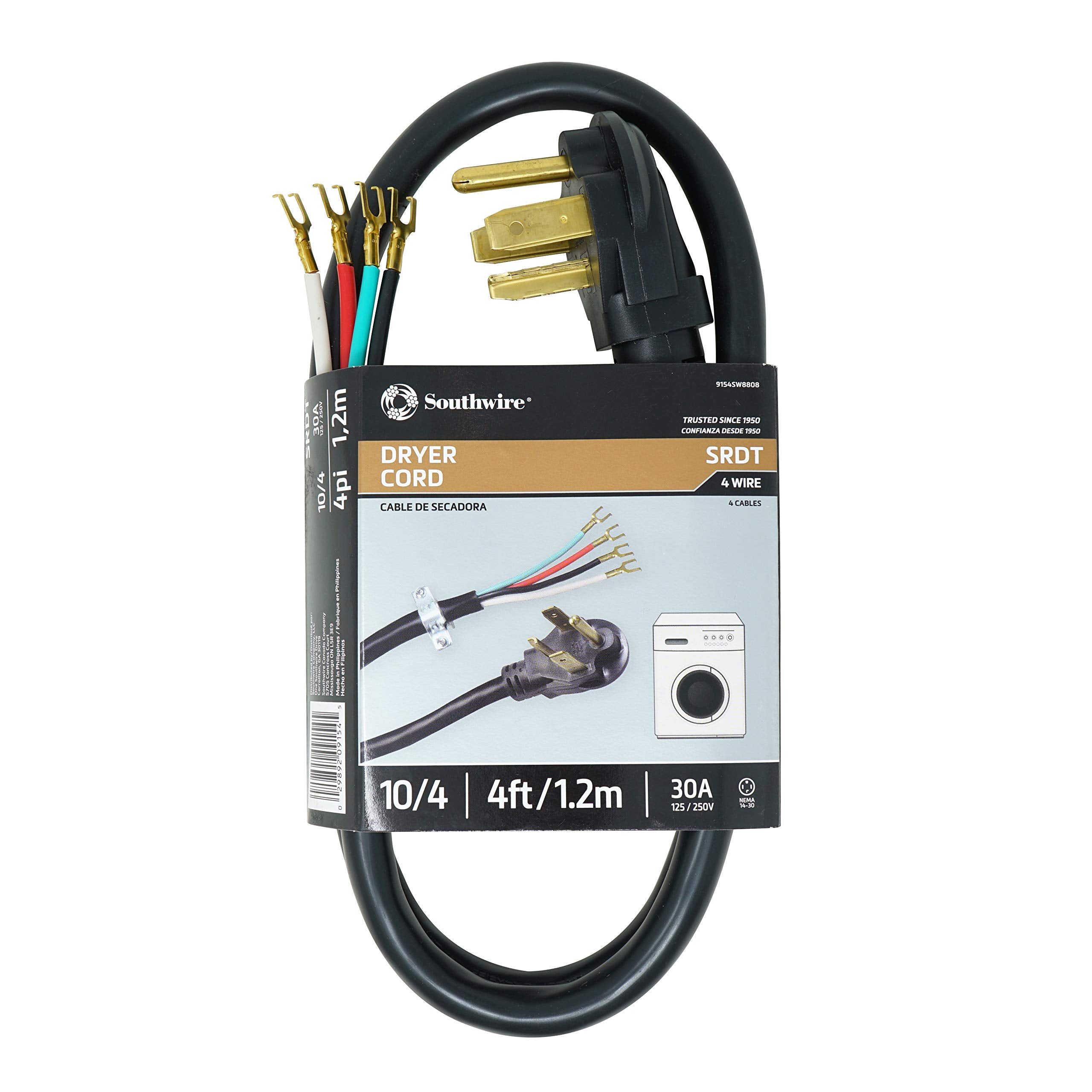 Southwire 9154Sw8808 Dryer Power Cord; 4 Foot; 1/4 Inch Flanged Terminals; Flat Plug; Compatible With Most Standard Dryers With A 3 Conductor Wall Outlet; 125/250 Volt; 30 Amp