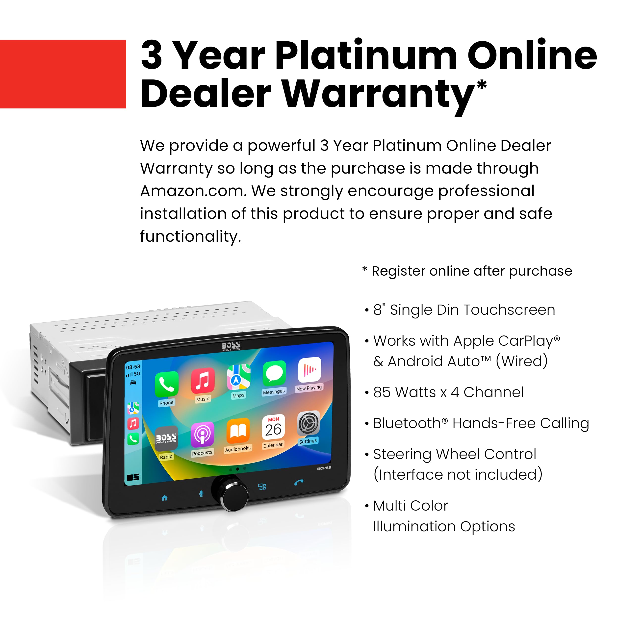 Boss Audio Systems Bcpa8 Car Stereo   Apple Carplay, Android Auto, Single Din, 8 Inch Touchscreen, Bluetooth, No Cd Dvd Player,