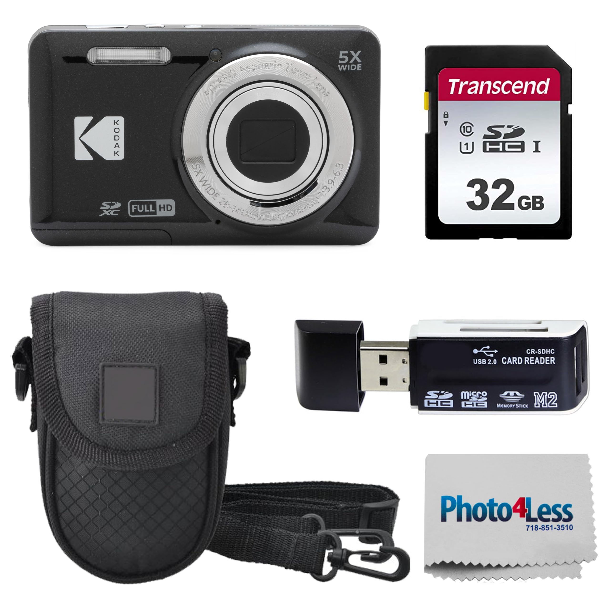 KODAK PIXPRO FZ55 16MP Digital Point & Shoot Camera, 5X Optical Zoom, 28mm Wide Angle, 1080P Full HD Video, Bundle with 32GB SD 