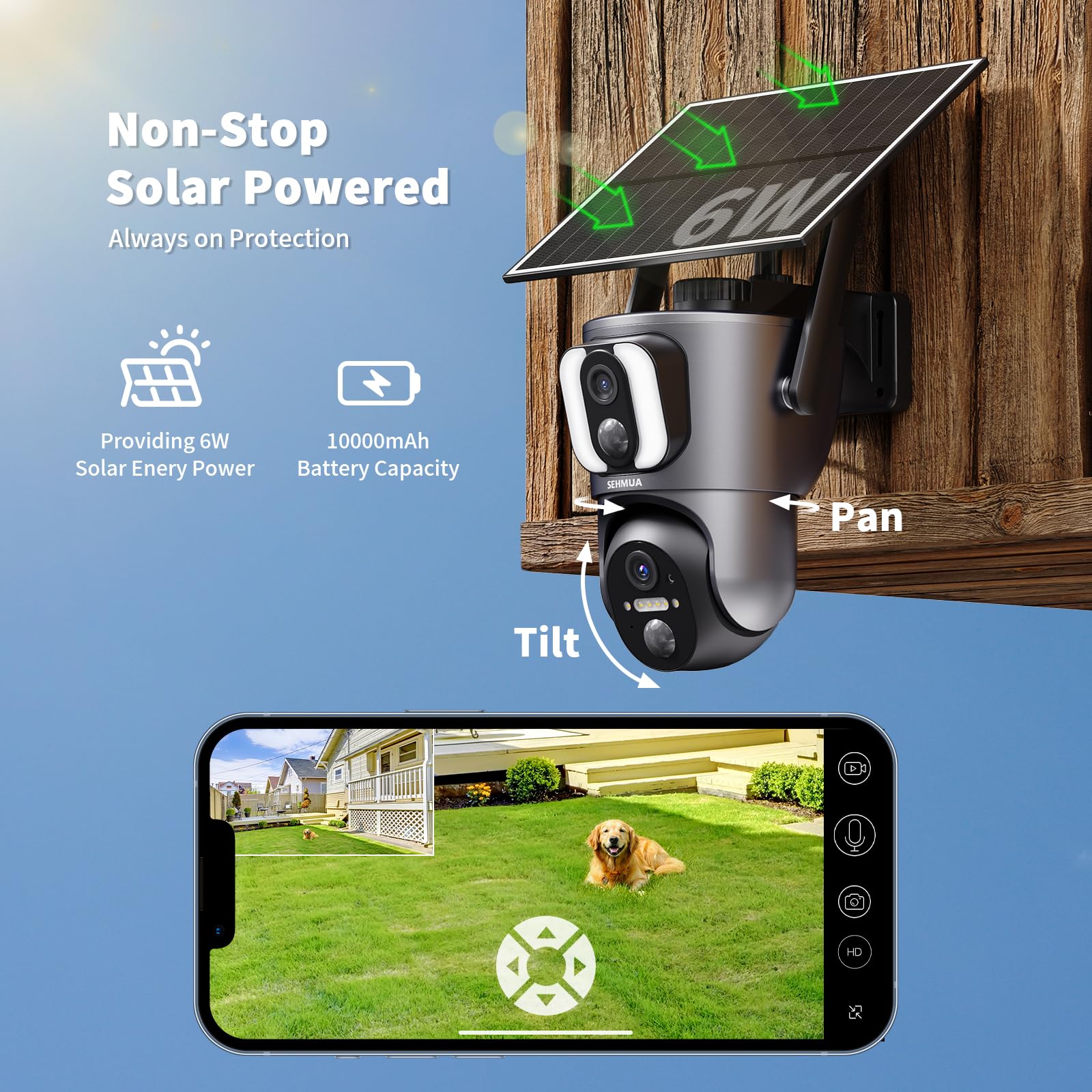 Sehmua Solar Camera Security Outdoor, 2K Dual Cameras For Home Security, 360 View Wi Fi Dual Lens Linkage Security Cameras Wirel