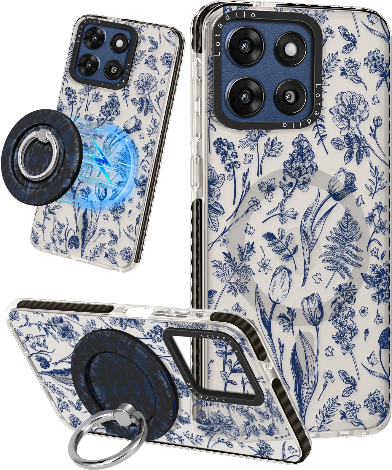 Lotadilo Cute Case for Moto G Stylus 5G 2025 for Women Girls - Funny Blue Line Flower Design Compatible with Magsafe Ring Holder