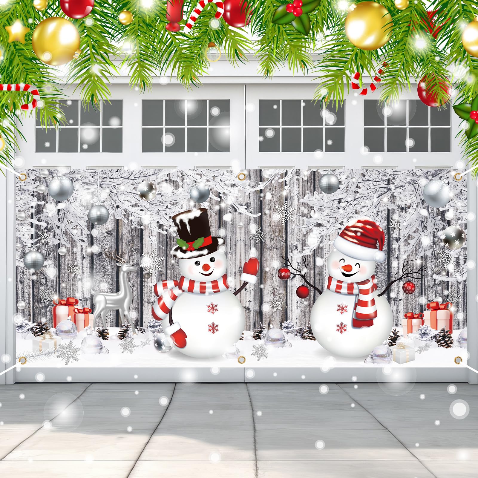 Qeeenar Christmas Garage Door Banner Decoration Large Snowman Christmas Garage Cover Holiday Garage Door Cover Large Snowman Sno