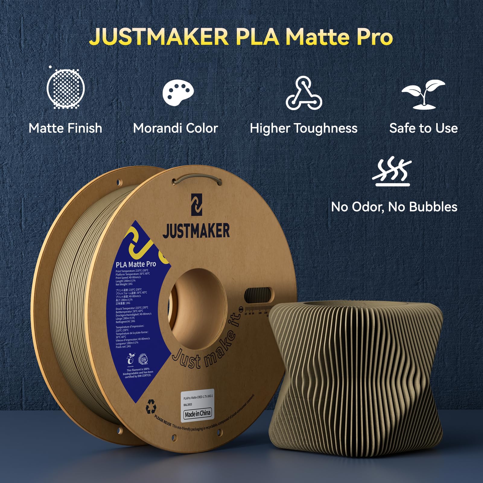 Justmaker Pla Matte 3D Printer Filament, Upgrade Cardboard Spool, Print With Most 3D Printers, Dimensional Accuracy +/-0.03Mm, 1