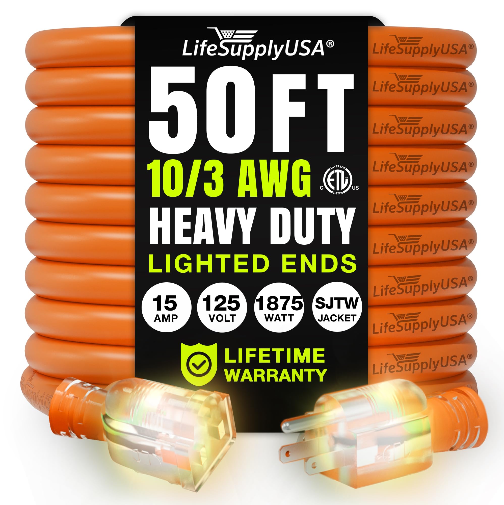50Ft Power Outdoor Extension Cord & Indoor   Waterproof Electric Drop Cord Cable   3 Prong Sjtw, 10 Gauge, 15 Amp, 125 Volts, 18
