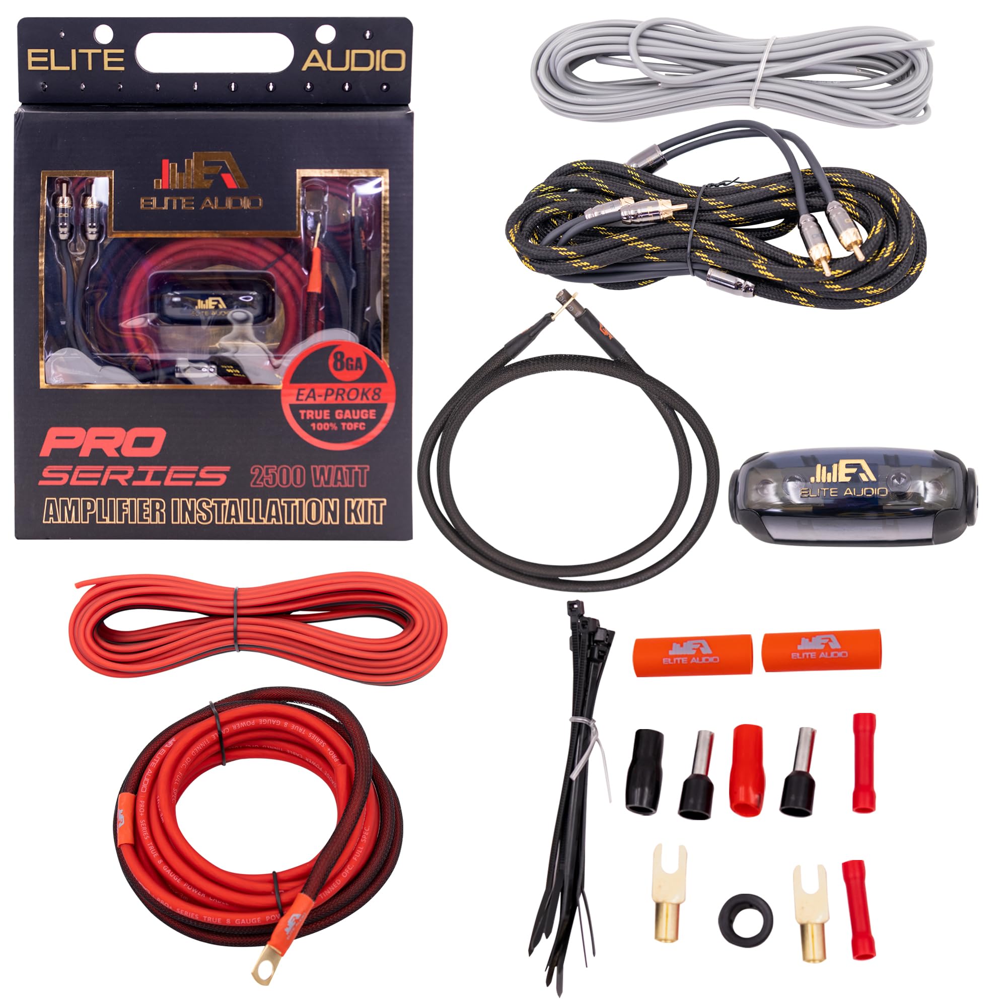 Elite Audio Ea Prok8 Pro Amplifier Wiring Kit   2500W Max Power, Oxygen Free Copper Cables, Brass Anl Fuse Holder, 8 Gauge