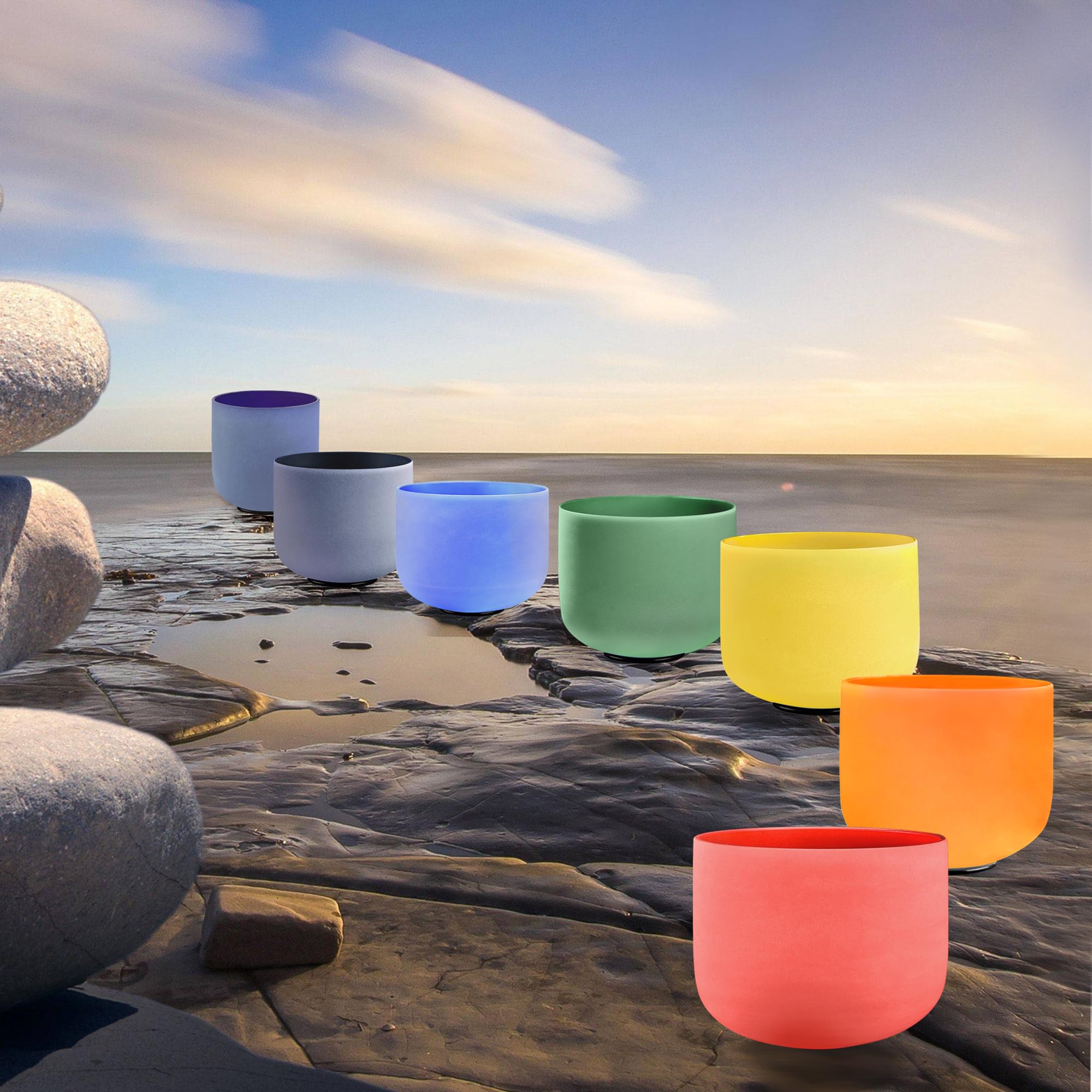 Ryan Dvan 432 Hz 7-12 Inch Set Of 7 Colored Frosted Quartz Crystal Singing Bowl With Free 2 Pcs Carrying Cases
