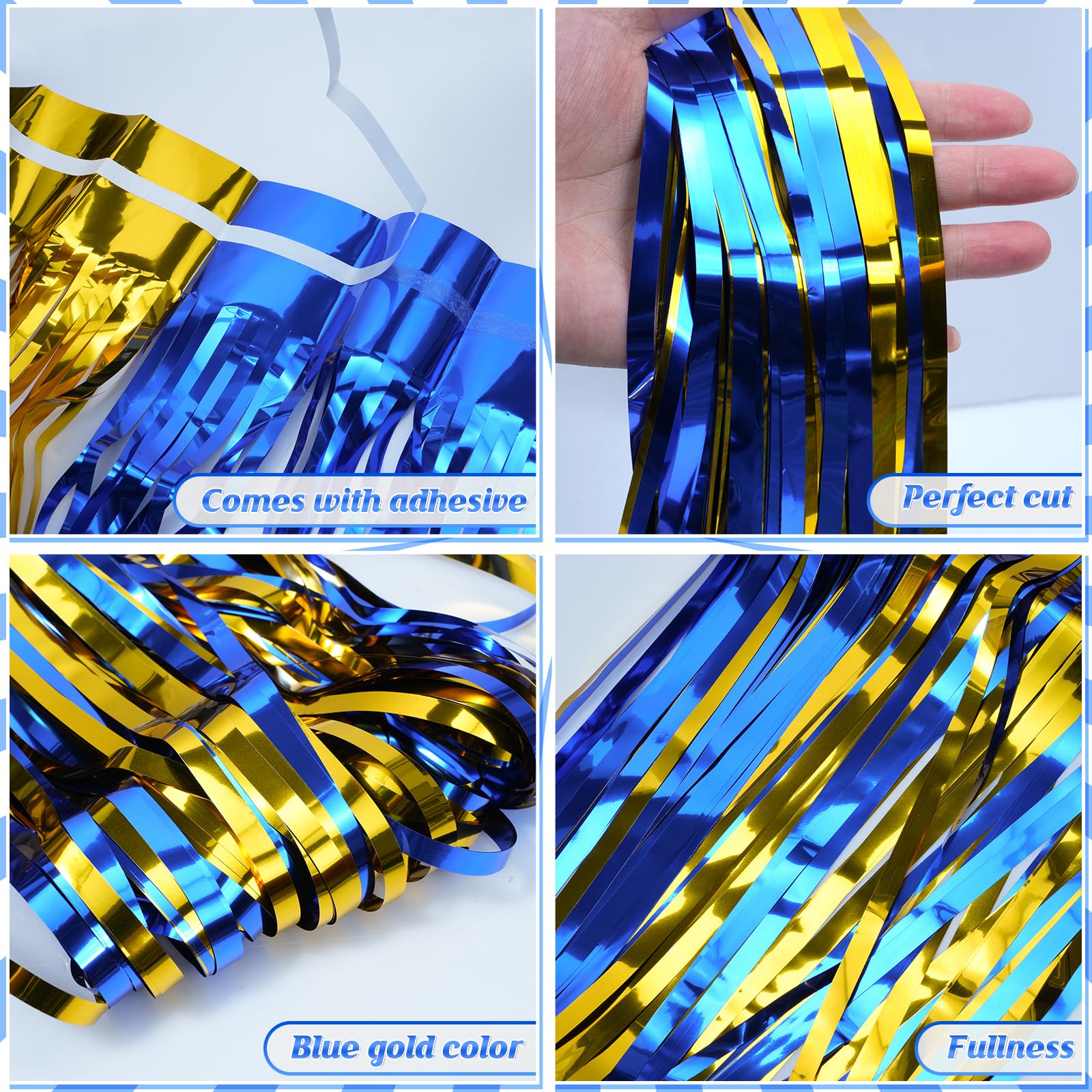 3 Pack 3.3Ft X 6.6Ft Graduation Foil Fringe Curtain Backdrop Decorations, Blue Gold Metallic Tinsel Foil Streamers Curtain Photo