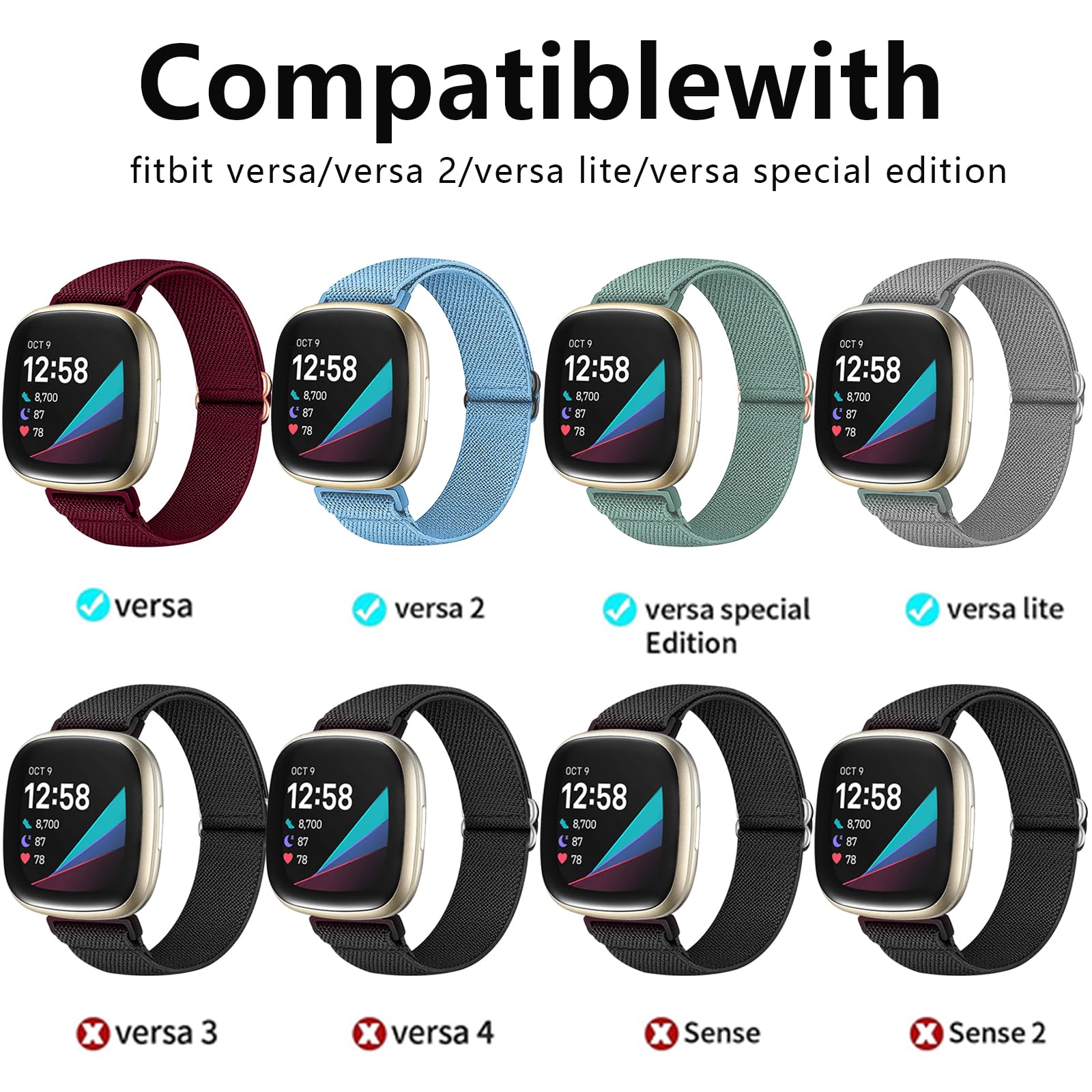 Chinber 5 Pack Bands Compatible With Fitbit Versa 2/3 Bands, Soft Adjustable Nylon Sport Band For Fitbit Versa Smart Watch Women