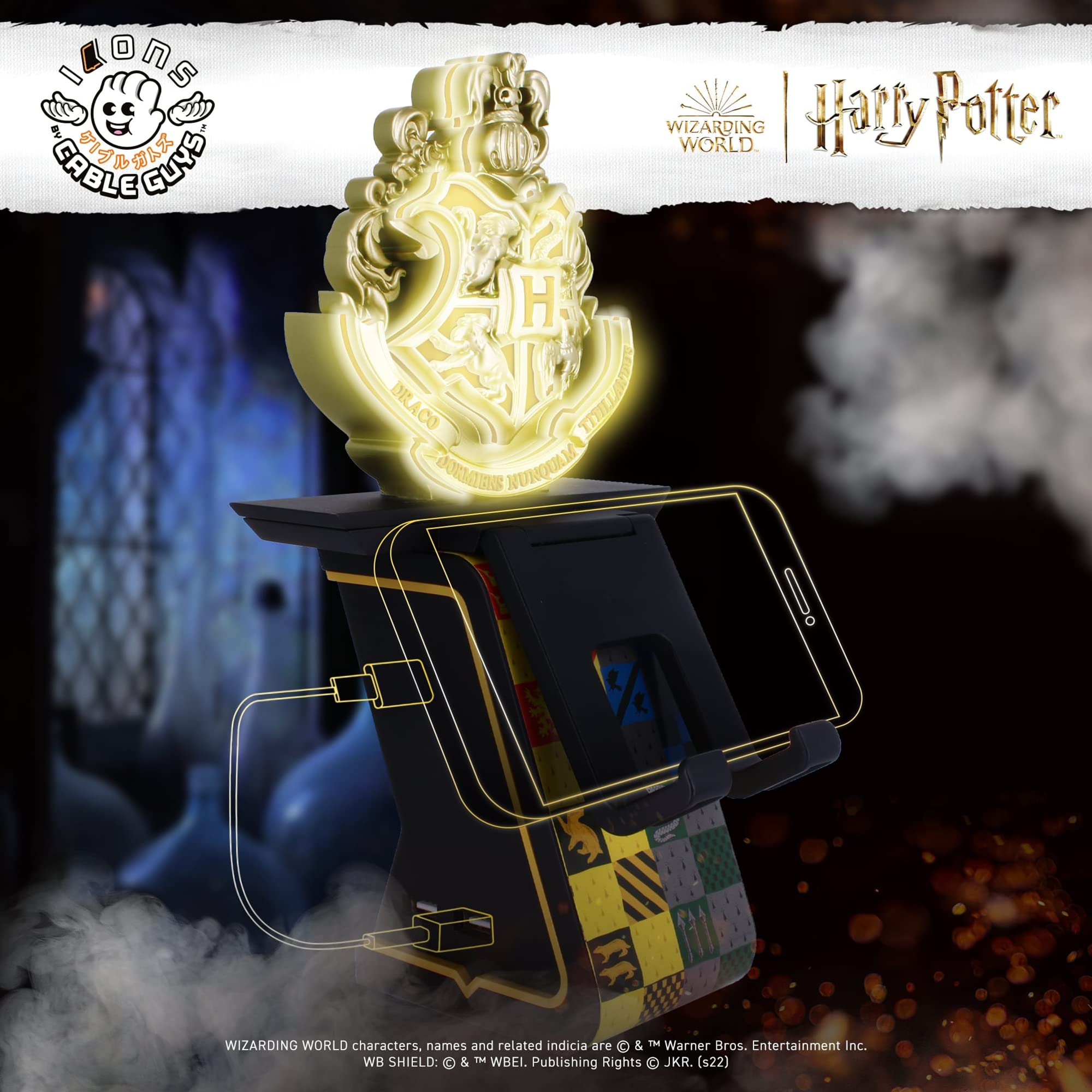 Exquisite Gaming Cable Guys Led Ikons: Harry Potter Hogwarts Crest   Charging Phone & Controller Holder   Light Up Gaming Contro