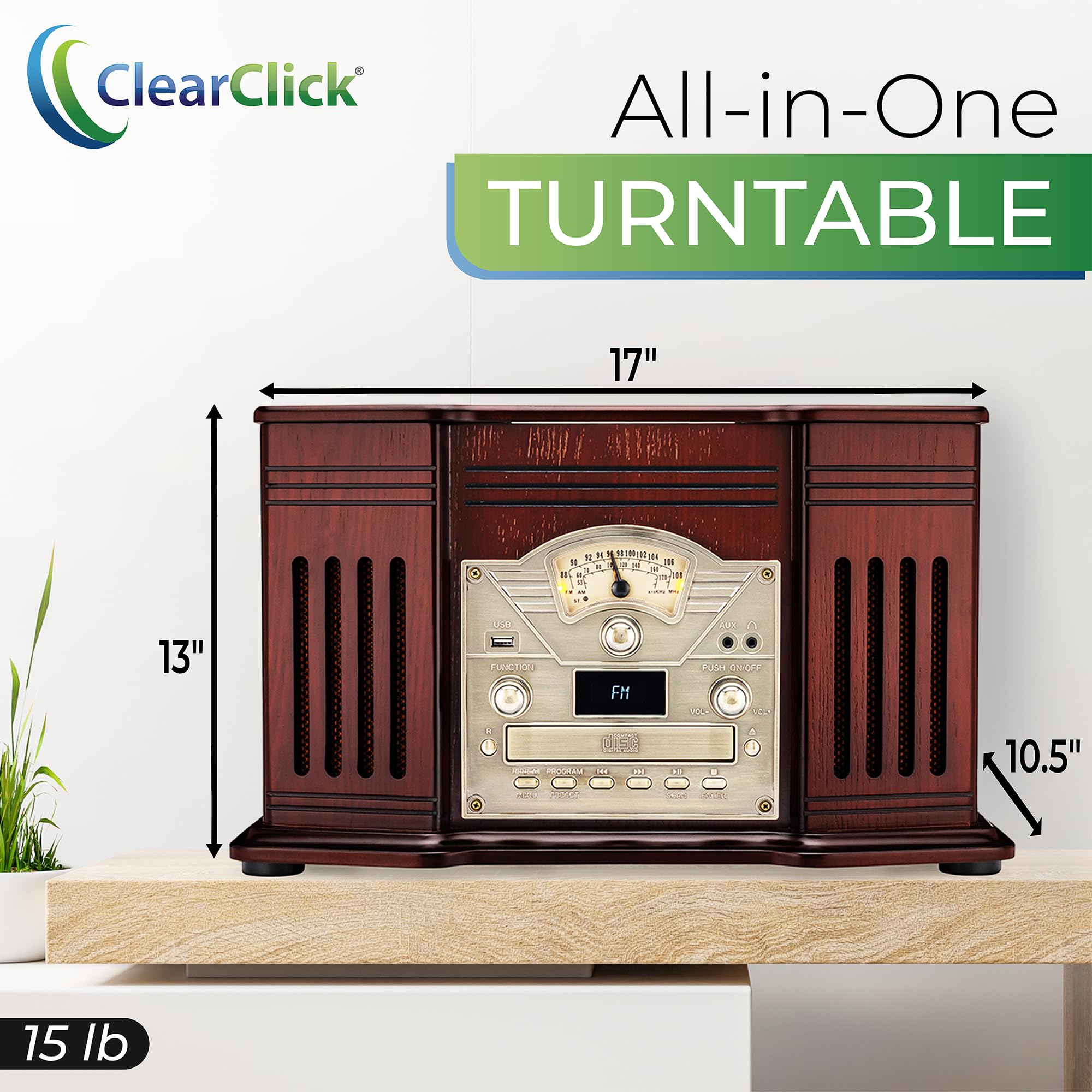 Clearclick All In One Turntable With 3 Speed Record Player, Bluetooth, Cd, Cassette Tape, Am/Fm Radio, Aux, Usb, Built In Speake